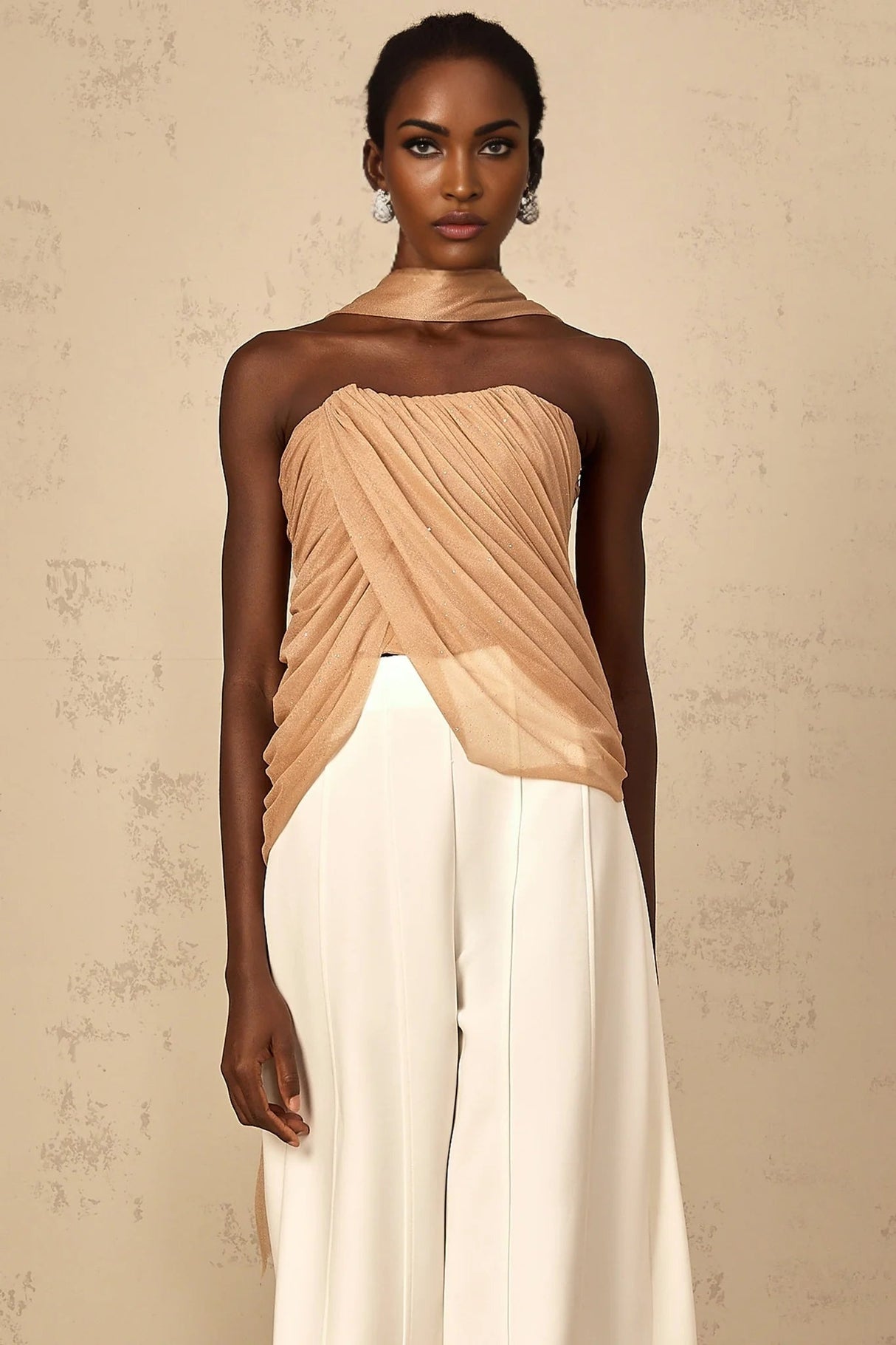 Natalina Top Brown Sequined Halter - neck Ruched Tulle Sparkle & Zip