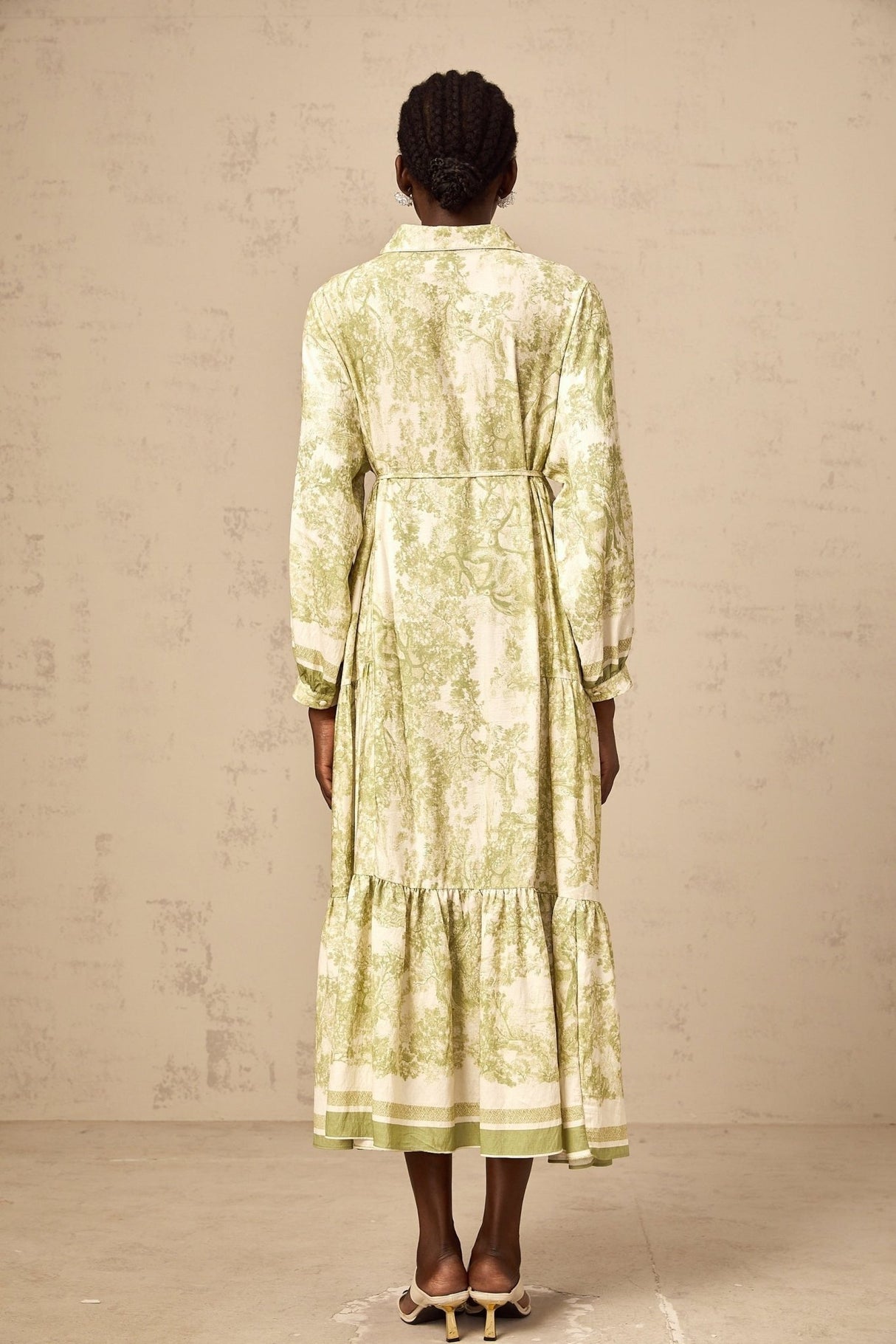 Natasha Midi Dress Green & White Smudged Graffiti Flared Skirt