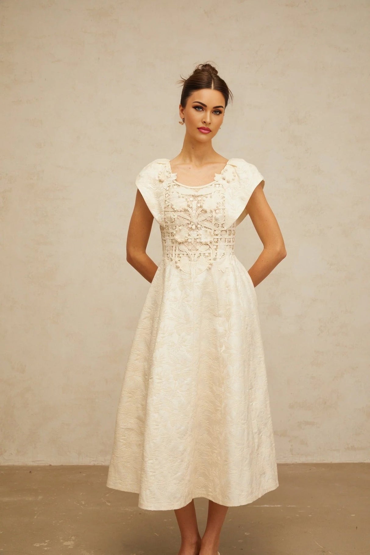 Natasha Midi Dress Neutrals Floral Embroidered & Pearl Embellished