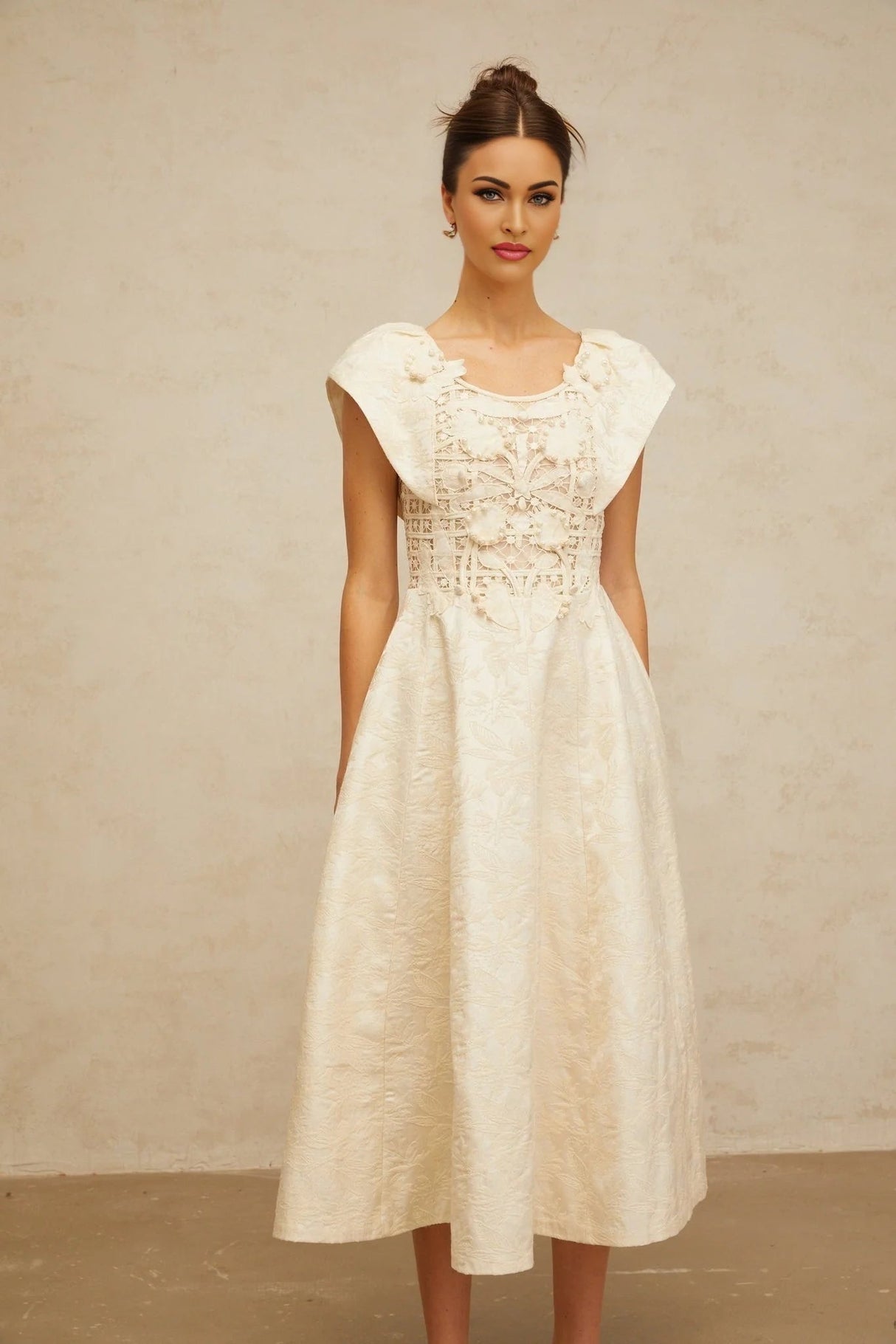 Natasha Midi Dress Neutrals Floral Embroidered & Pearl Embellished