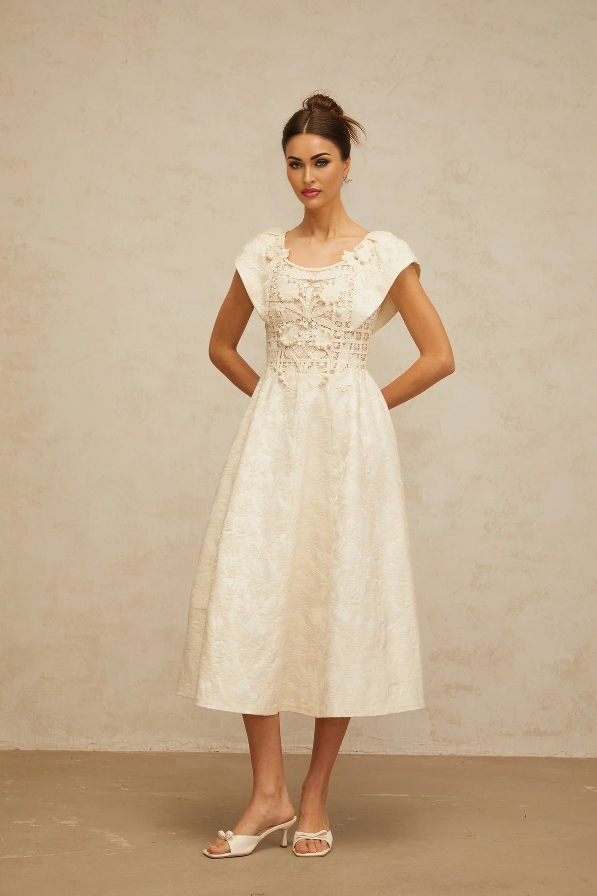 Natasha Midi Dress Neutrals Floral Embroidered & Pearl Embellished