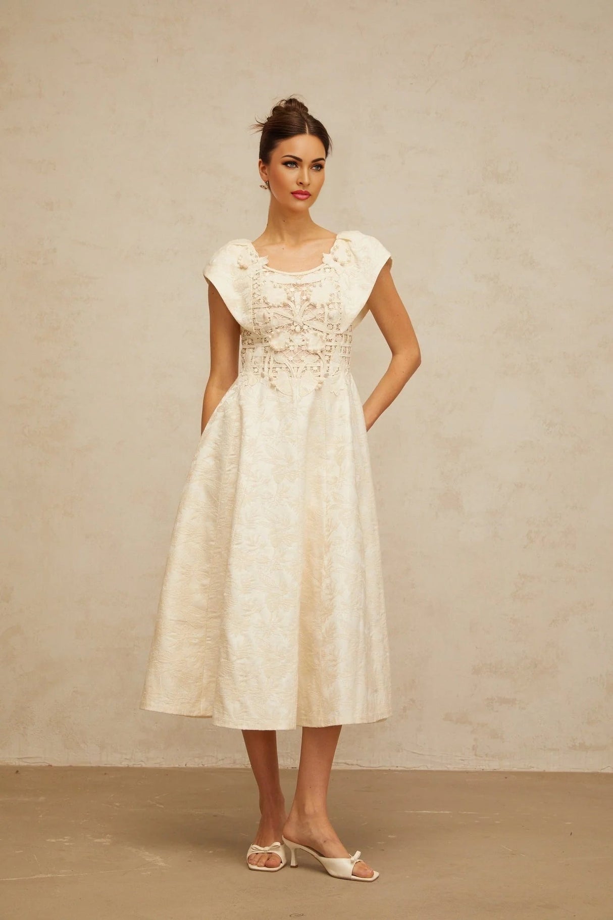 Natasha Midi Dress Neutrals Floral Embroidered & Pearl Embellished