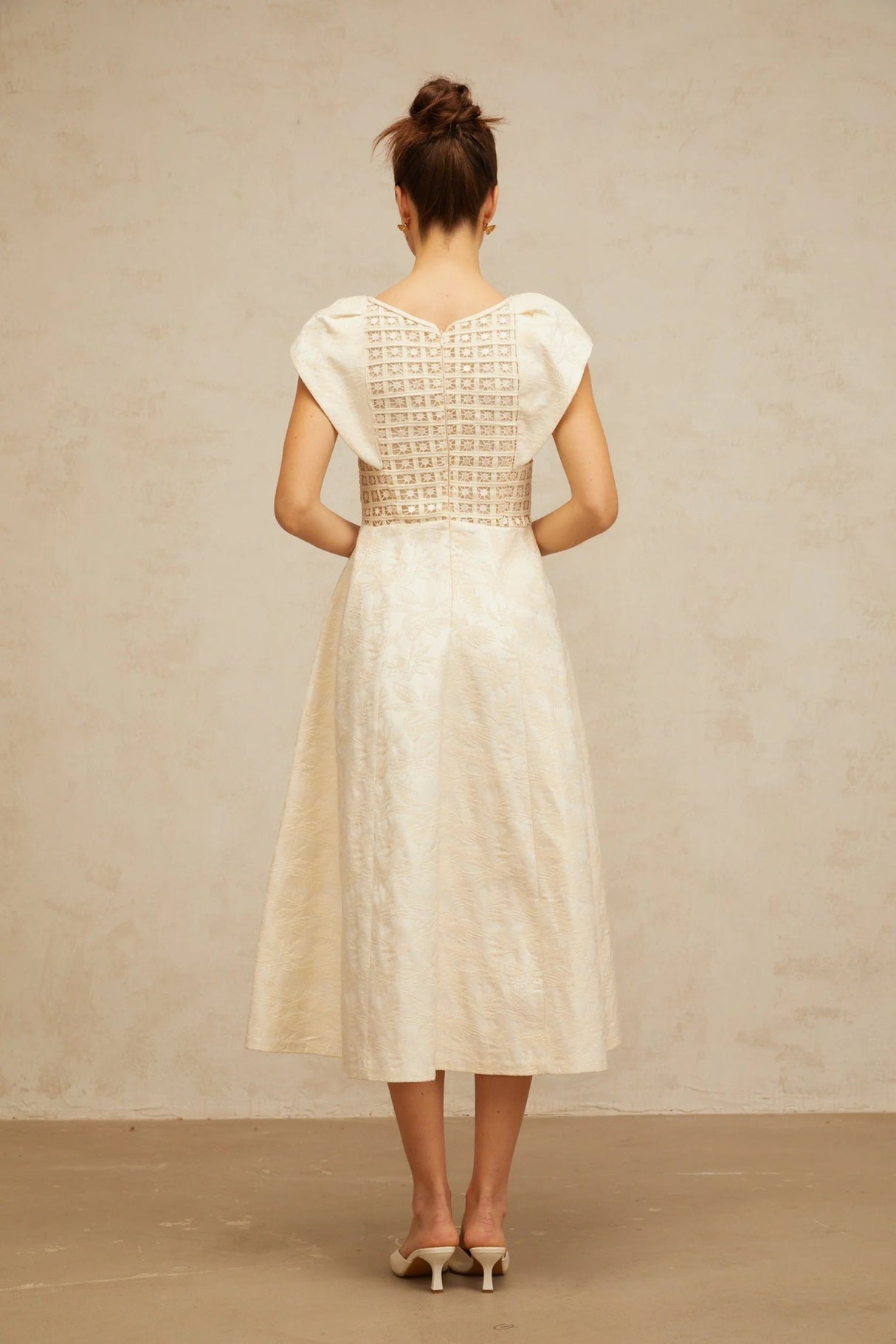 Natasha Midi Dress Neutrals Floral Embroidered & Pearl Embellished