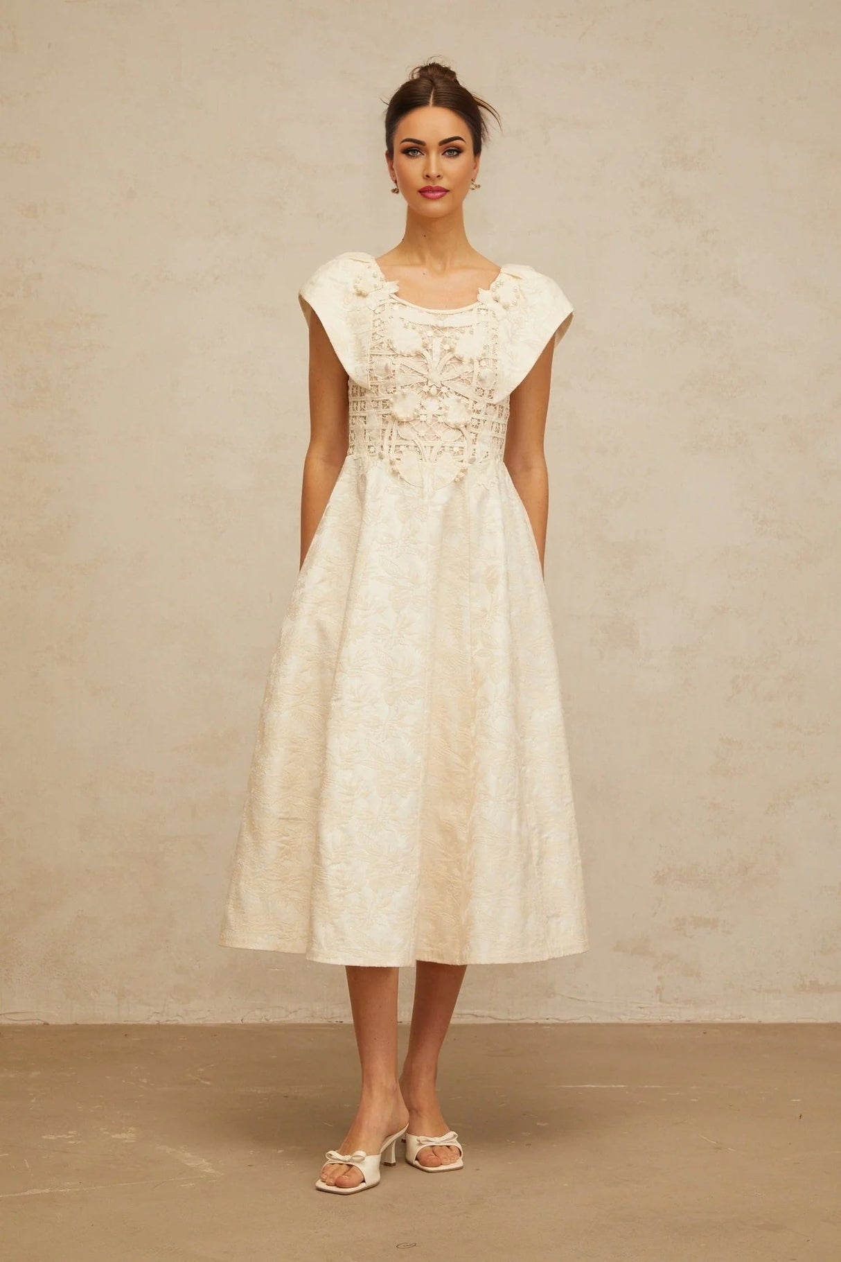 Natasha Midi Dress Neutrals Floral Embroidered & Pearl Embellished