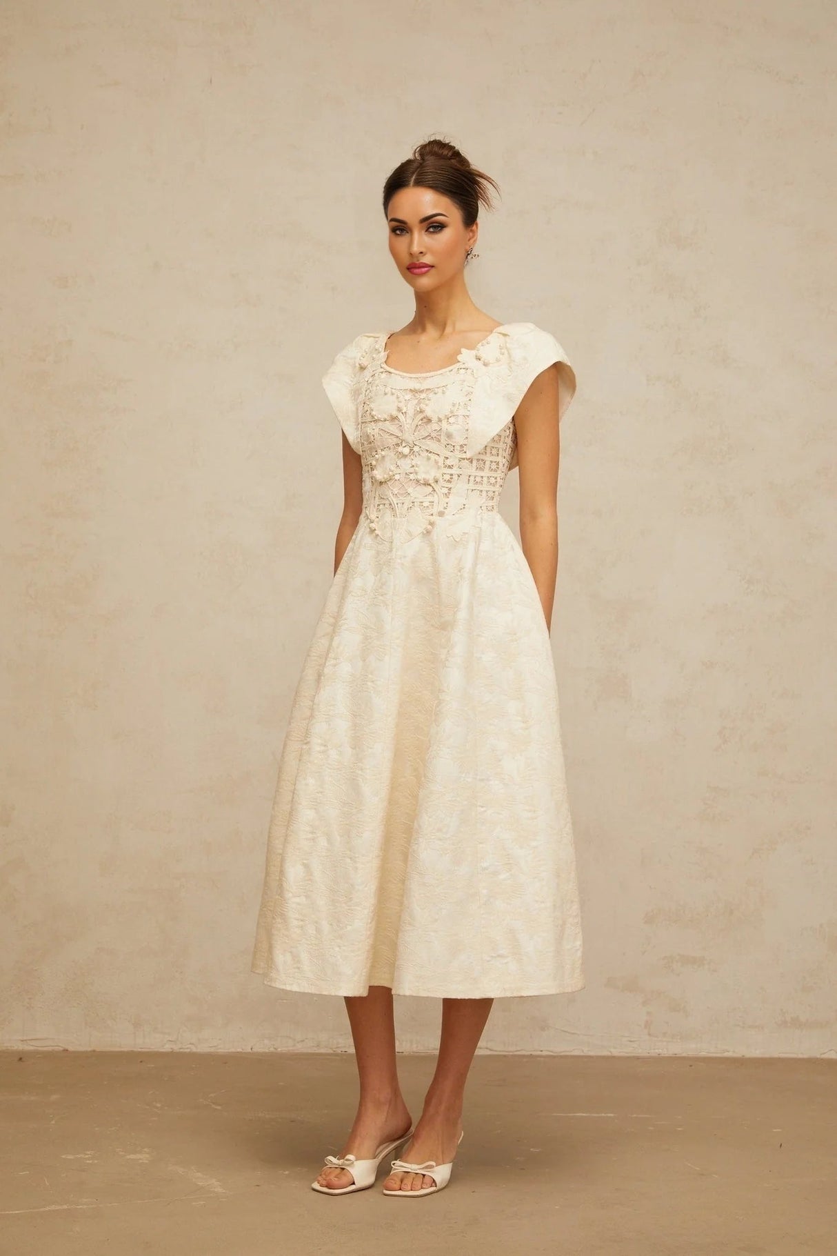 Natasha Midi Dress Neutrals Floral Embroidered & Pearl Embellished