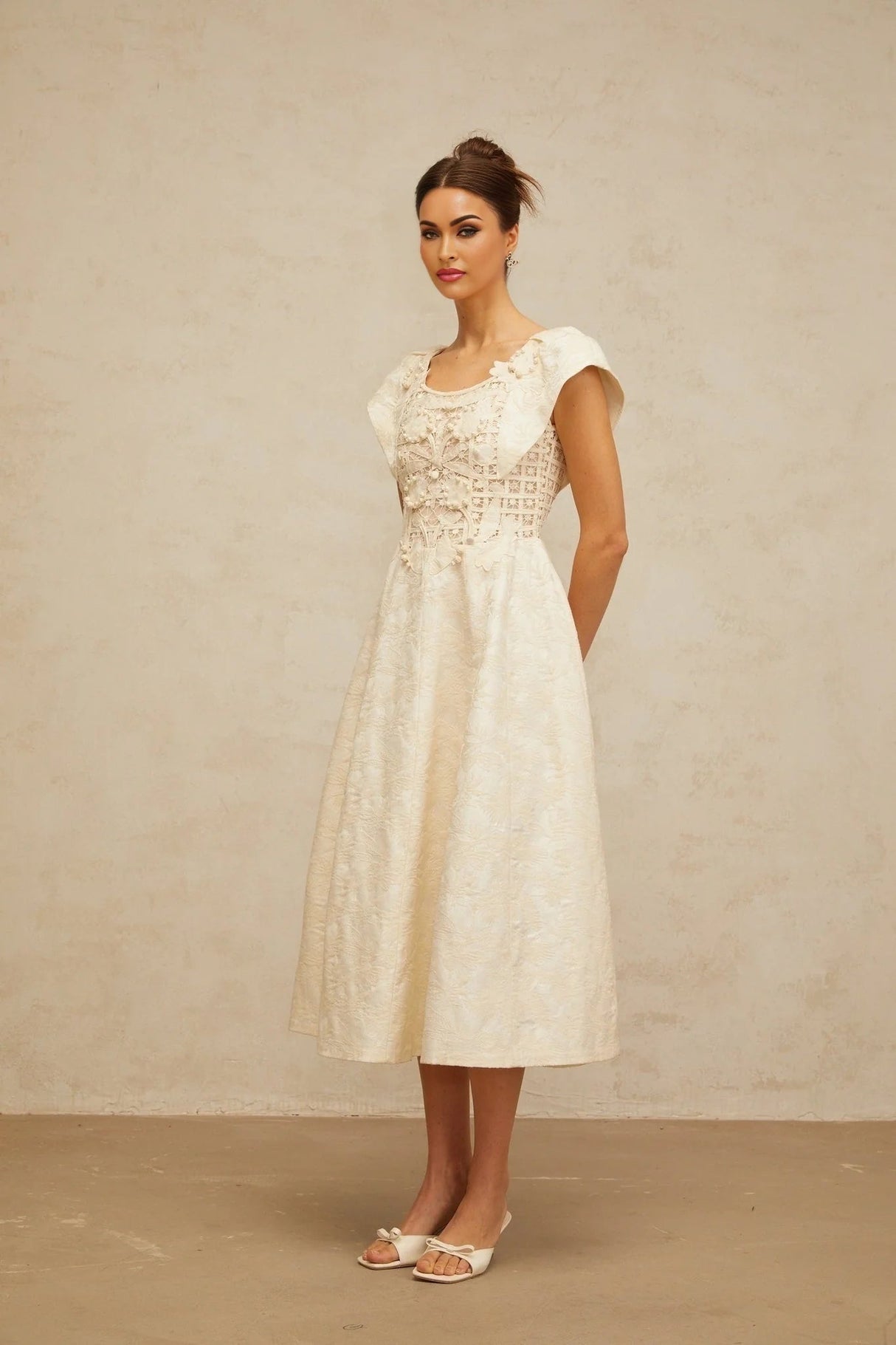 Natasha Midi Dress Neutrals Floral Embroidered & Pearl Embellished