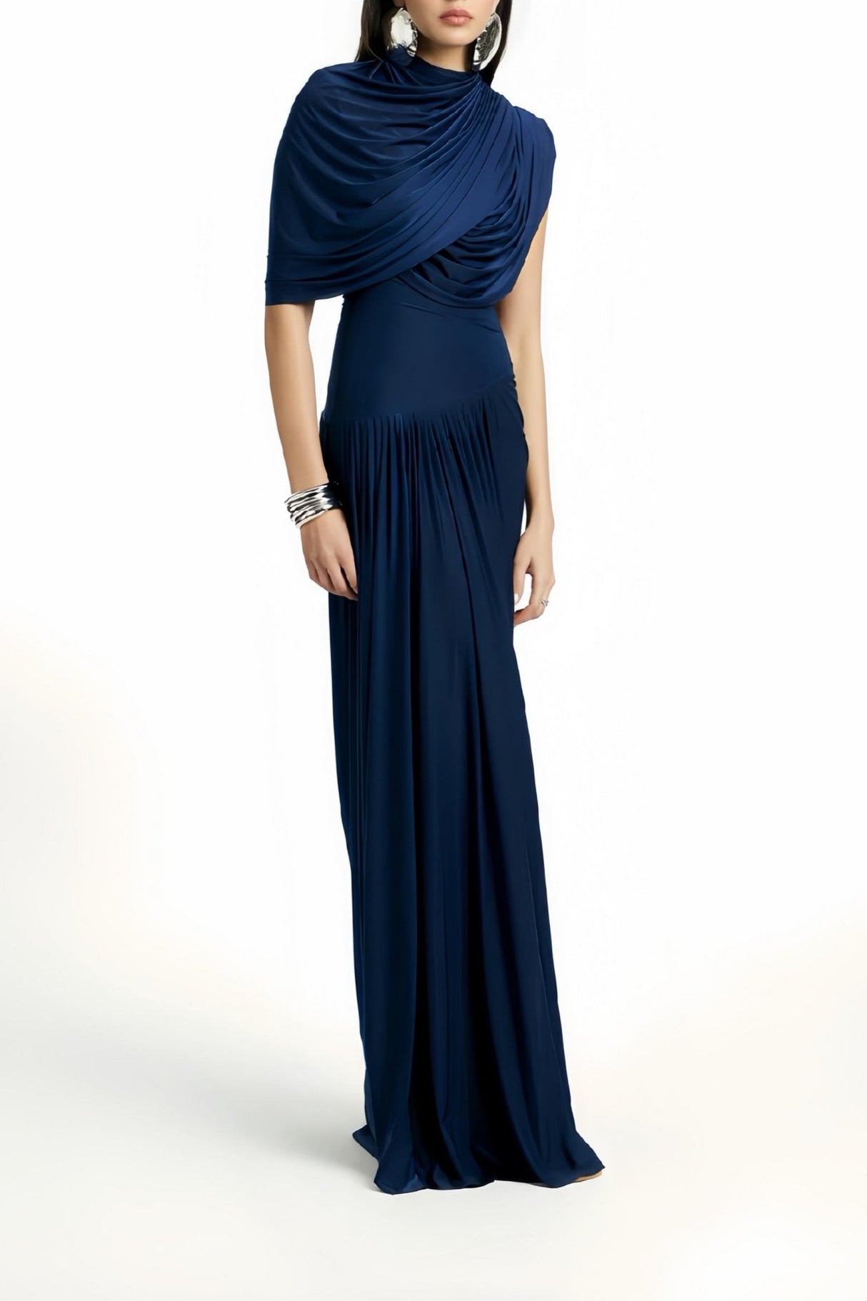 Navy Maxi Dress - Navy - Sleeveless - Pleated - Asymmetrical - Ruched - Draped - Floor - Length - Slip - On