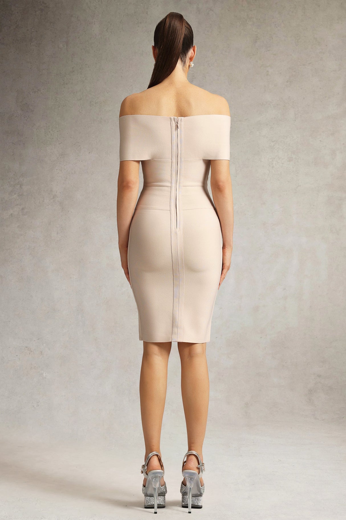 Nicole Beige Off-Shoulder Fitted Wrap Dress