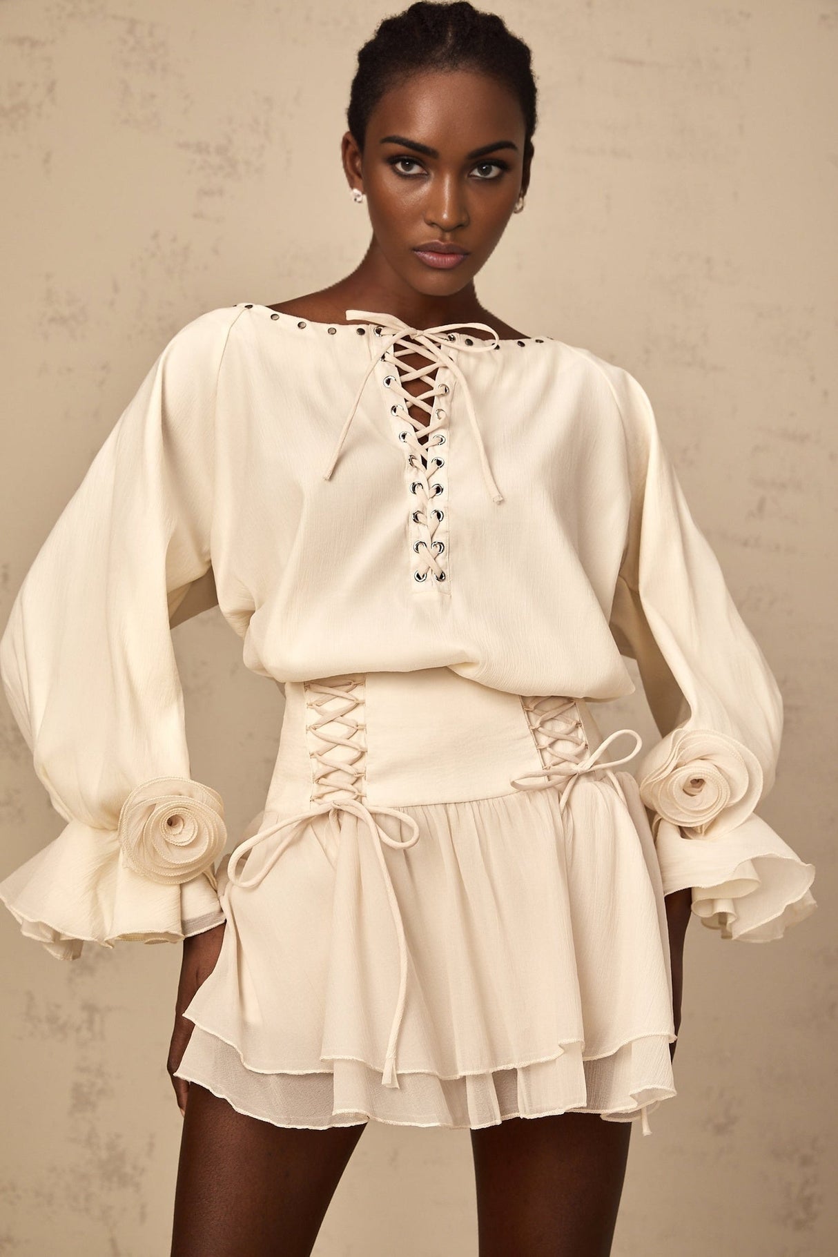 Nicole Floral Appliqué Blouse & Layered Skirt Set