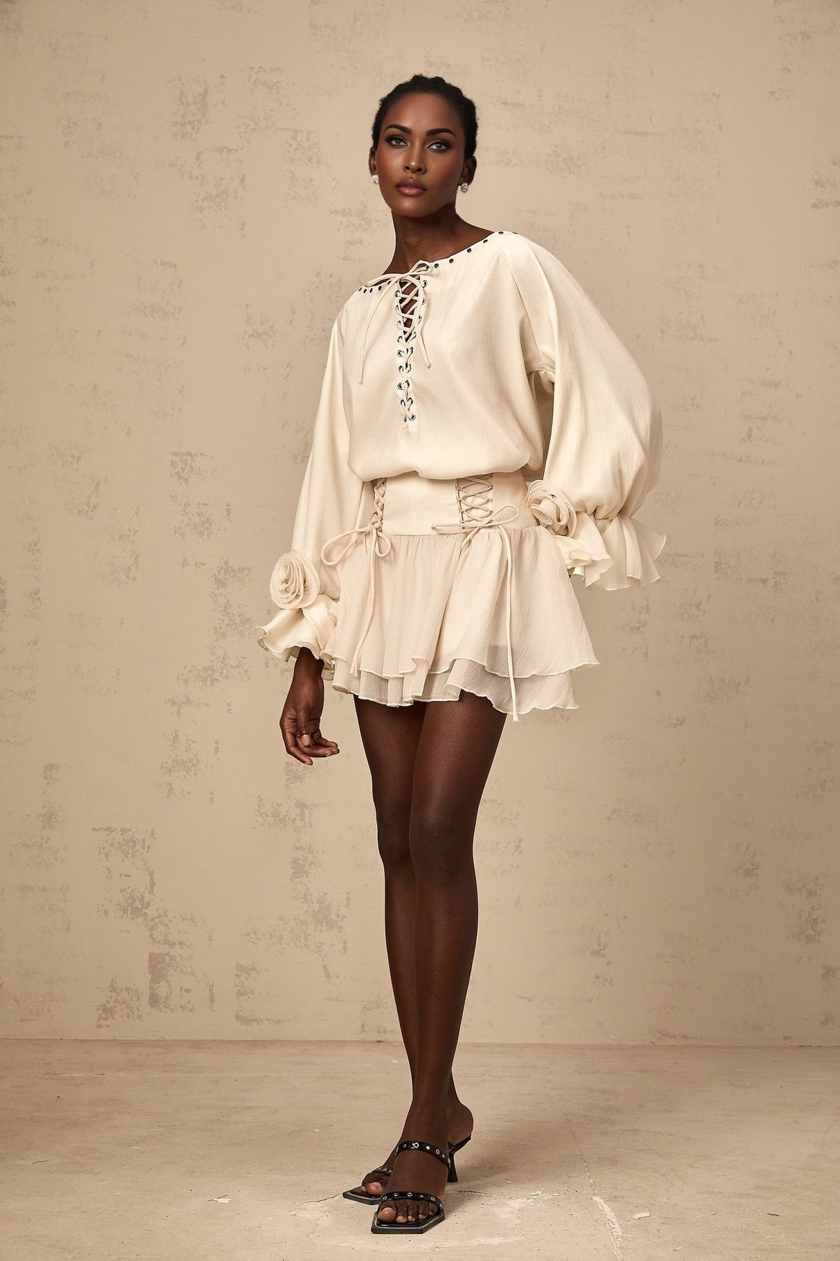 Nicole Floral Appliqué Blouse & Layered Skirt Set