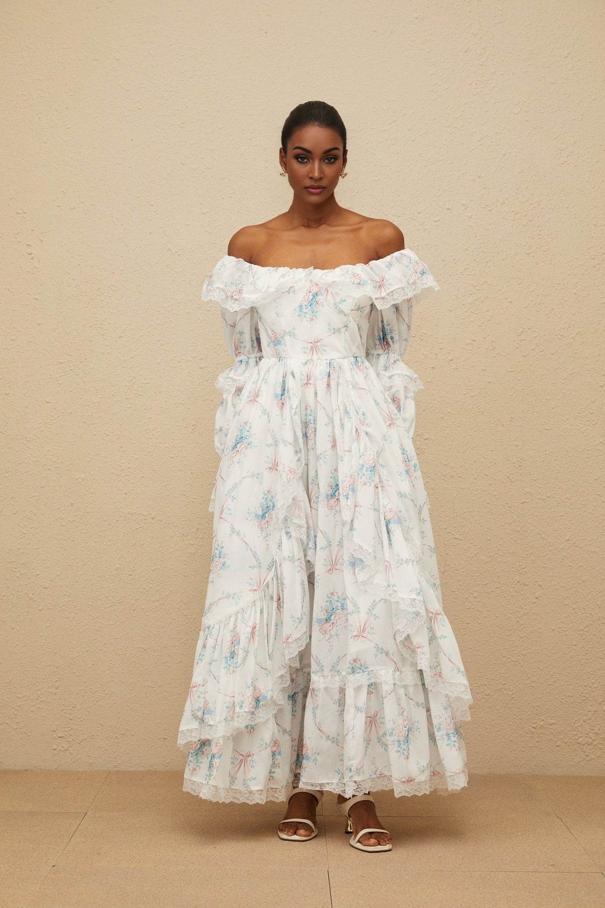 Nicole Maxi Dress - Off - Shoulder Floral Print - Flared Cuffs - Fitted Waistline