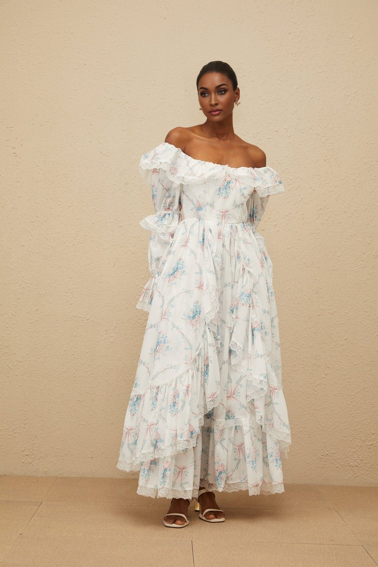 Nicole Maxi Dress - Off - Shoulder Floral Print - Flared Cuffs - Fitted Waistline