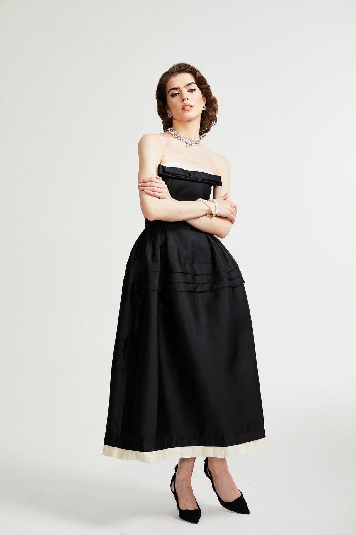Nicole Midi Dress Black White Strapless Bow Detail Elegance