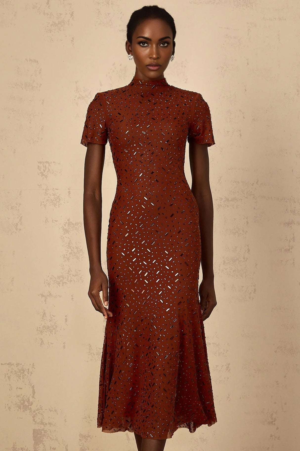 Nicole Midi Dress Brown Rhinestone Embellished Tulle Flared Hem