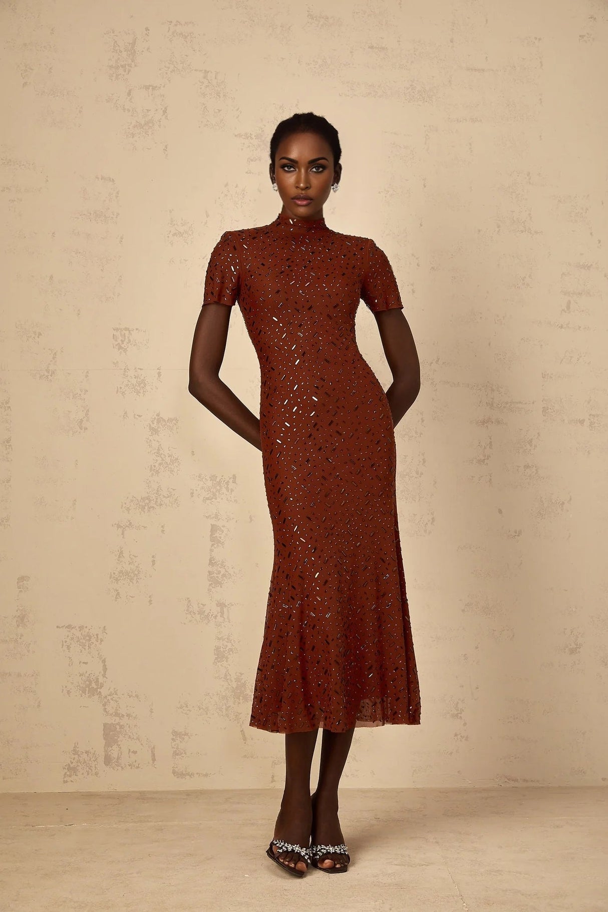 Nicole Midi Dress Brown Rhinestone Embellished Tulle Flared Hem