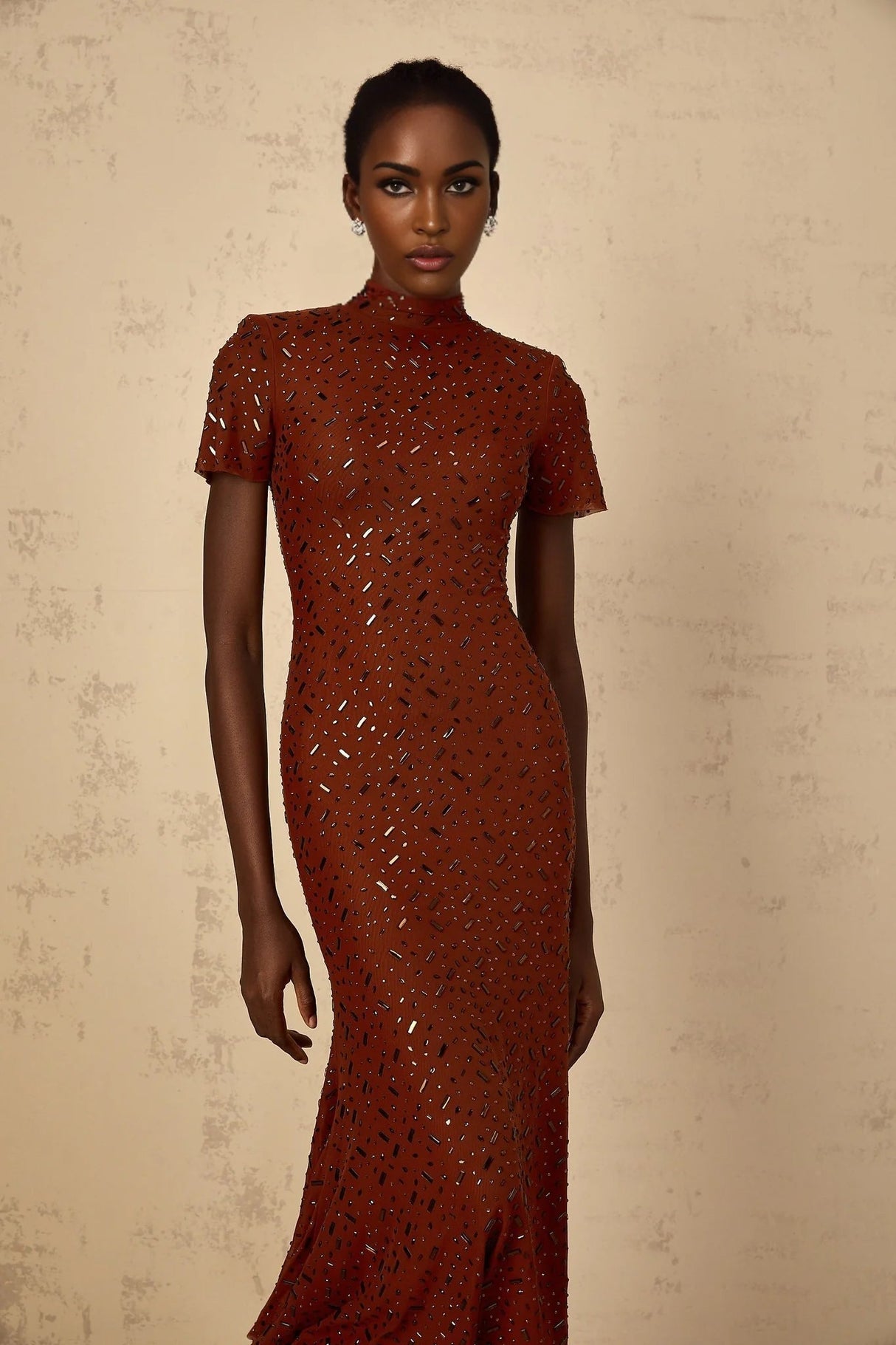 Nicole Midi Dress Brown Rhinestone Embellished Tulle Flared Hem