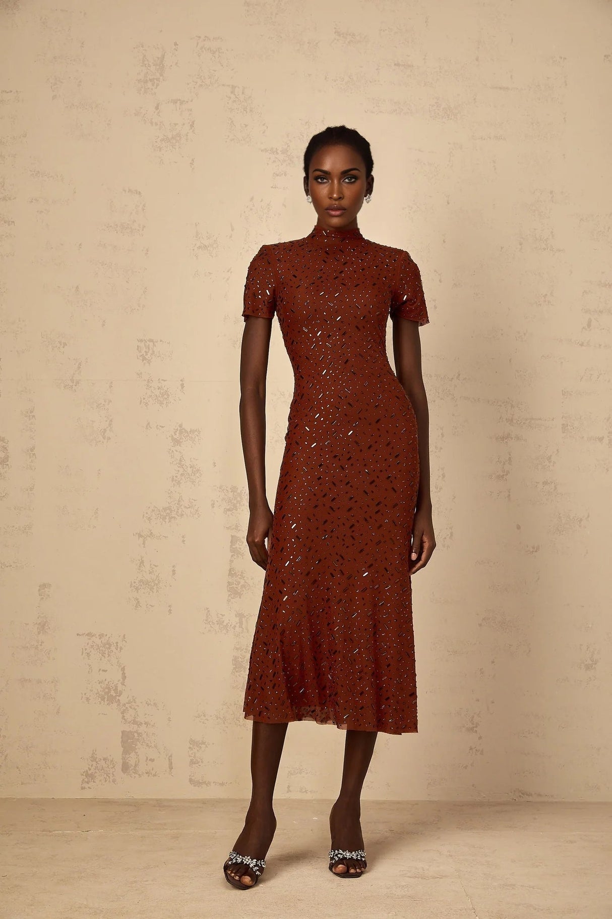 Nicole Midi Dress Brown Rhinestone Embellished Tulle Flared Hem