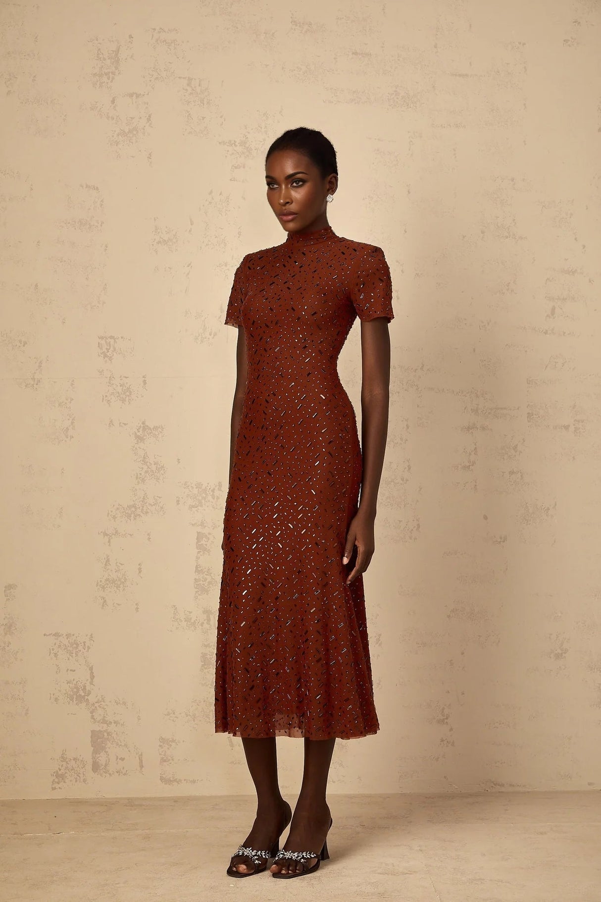 Nicole Midi Dress Brown Rhinestone Embellished Tulle Flared Hem