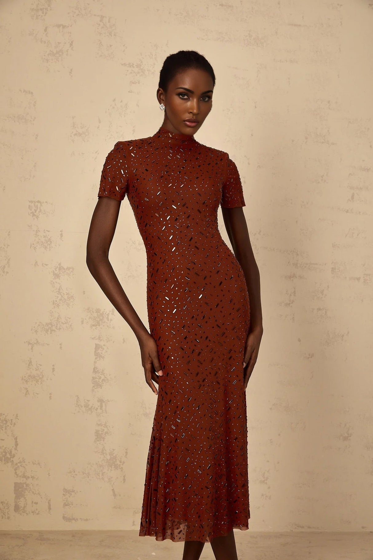 Nicole Midi Dress Brown Rhinestone Embellished Tulle Flared Hem