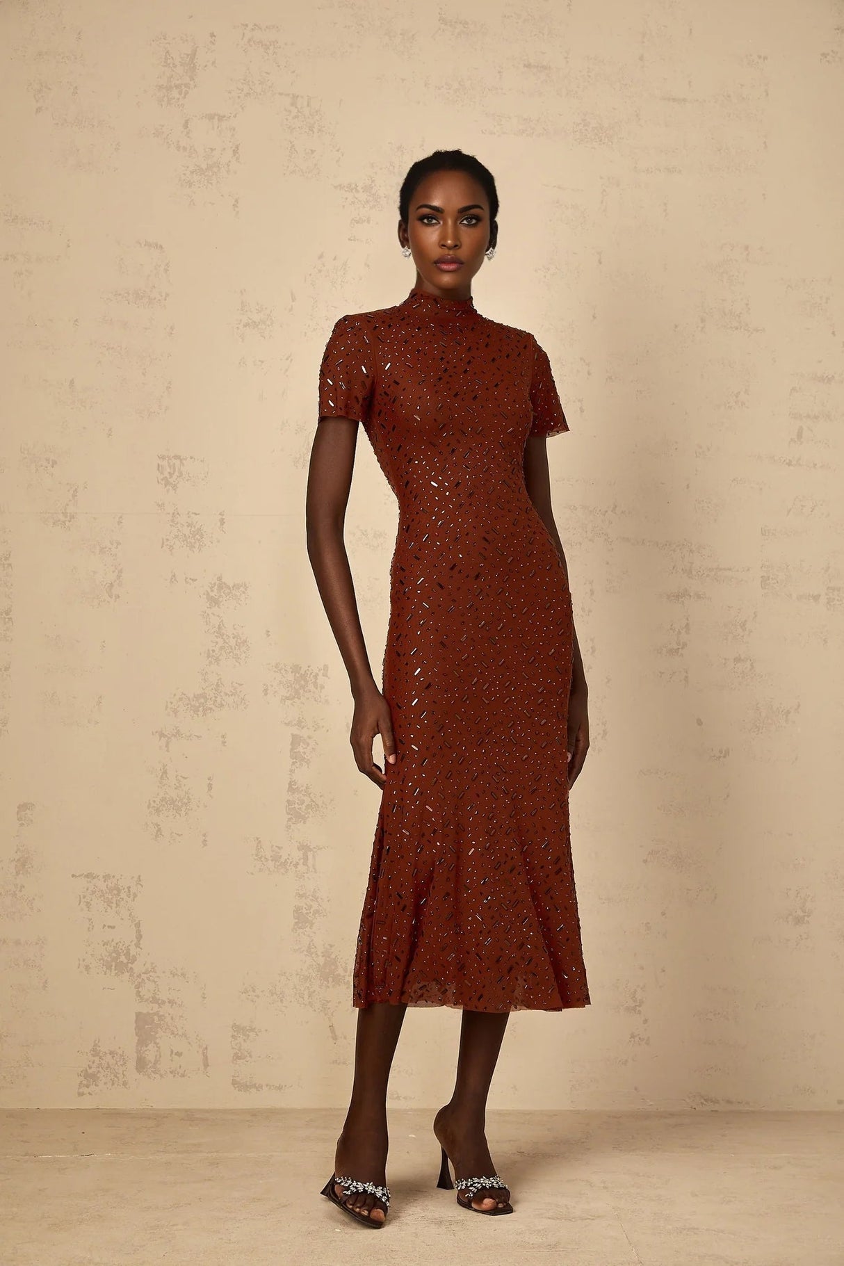 Nicole Midi Dress Brown Rhinestone Embellished Tulle Flared Hem
