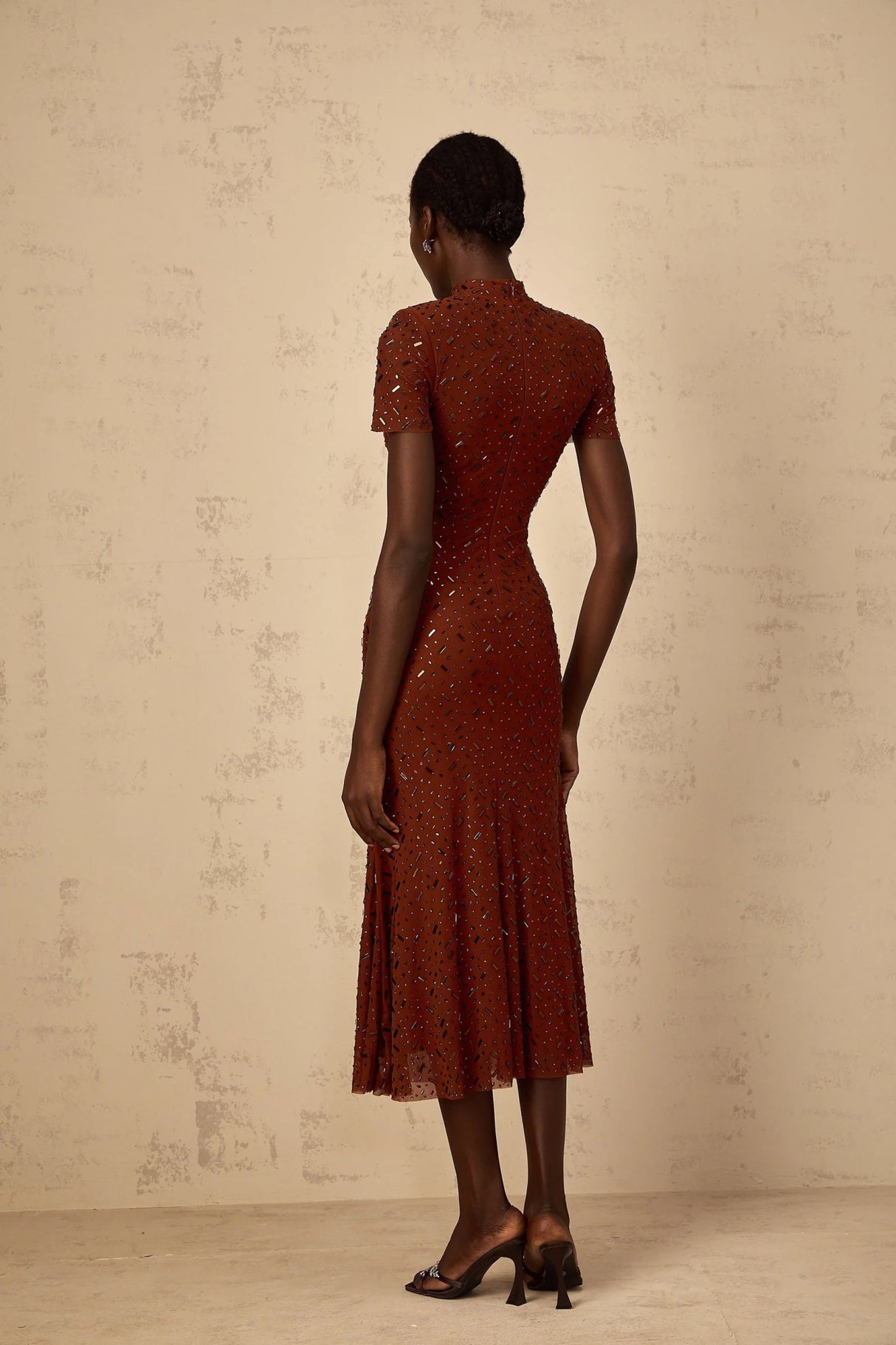 Nicole Midi Dress Brown Rhinestone Embellished Tulle Flared Hem