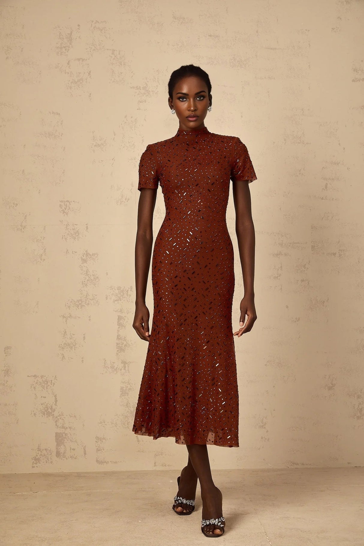 Nicole Midi Dress Brown Rhinestone Embellished Tulle Flared Hem