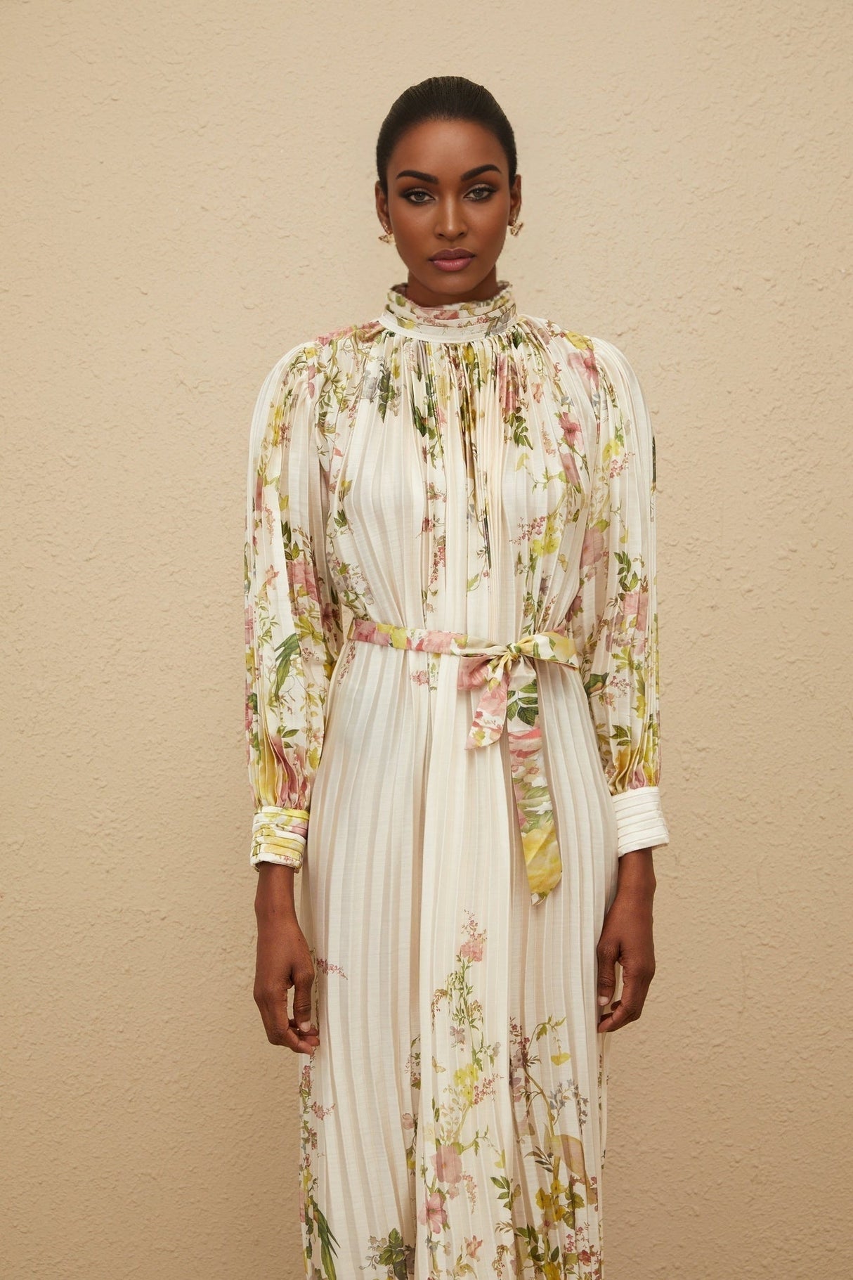 Nicole Midi Dress - Turtleneck - Cinched Waist - Floral Print - Pleated Design - Buttoned Cuffs