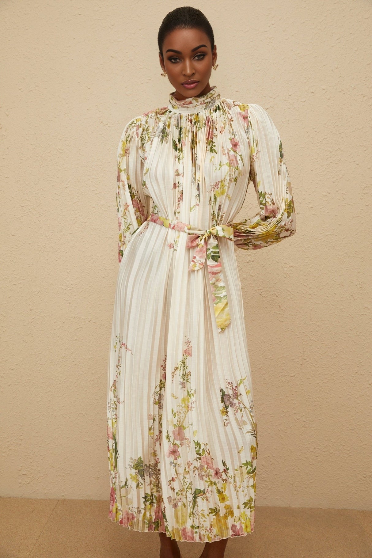 Nicole Midi Dress - Turtleneck - Cinched Waist - Floral Print - Pleated Design - Buttoned Cuffs