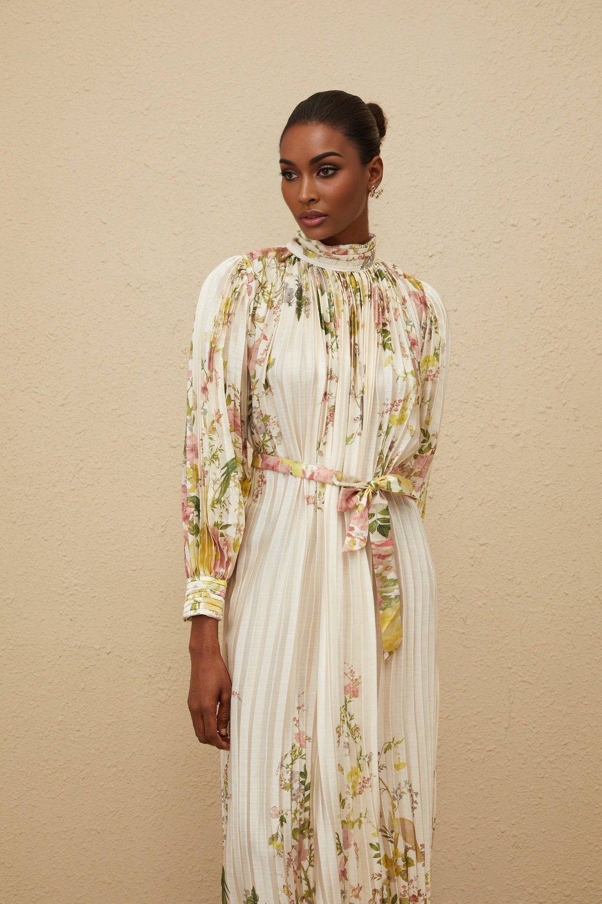 Nicole Midi Dress - Turtleneck - Cinched Waist - Floral Print - Pleated Design - Buttoned Cuffs