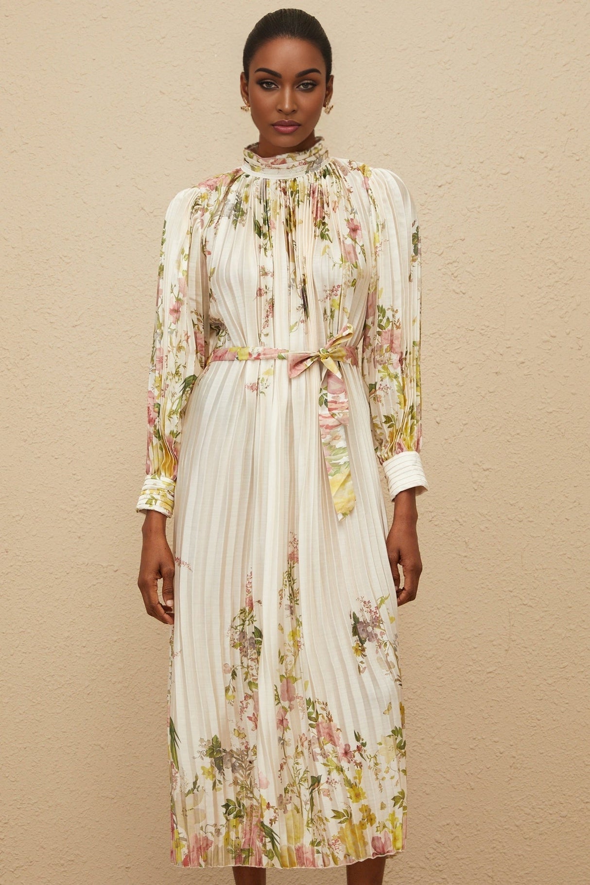 Nicole Midi Dress - Turtleneck - Cinched Waist - Floral Print - Pleated Design - Buttoned Cuffs