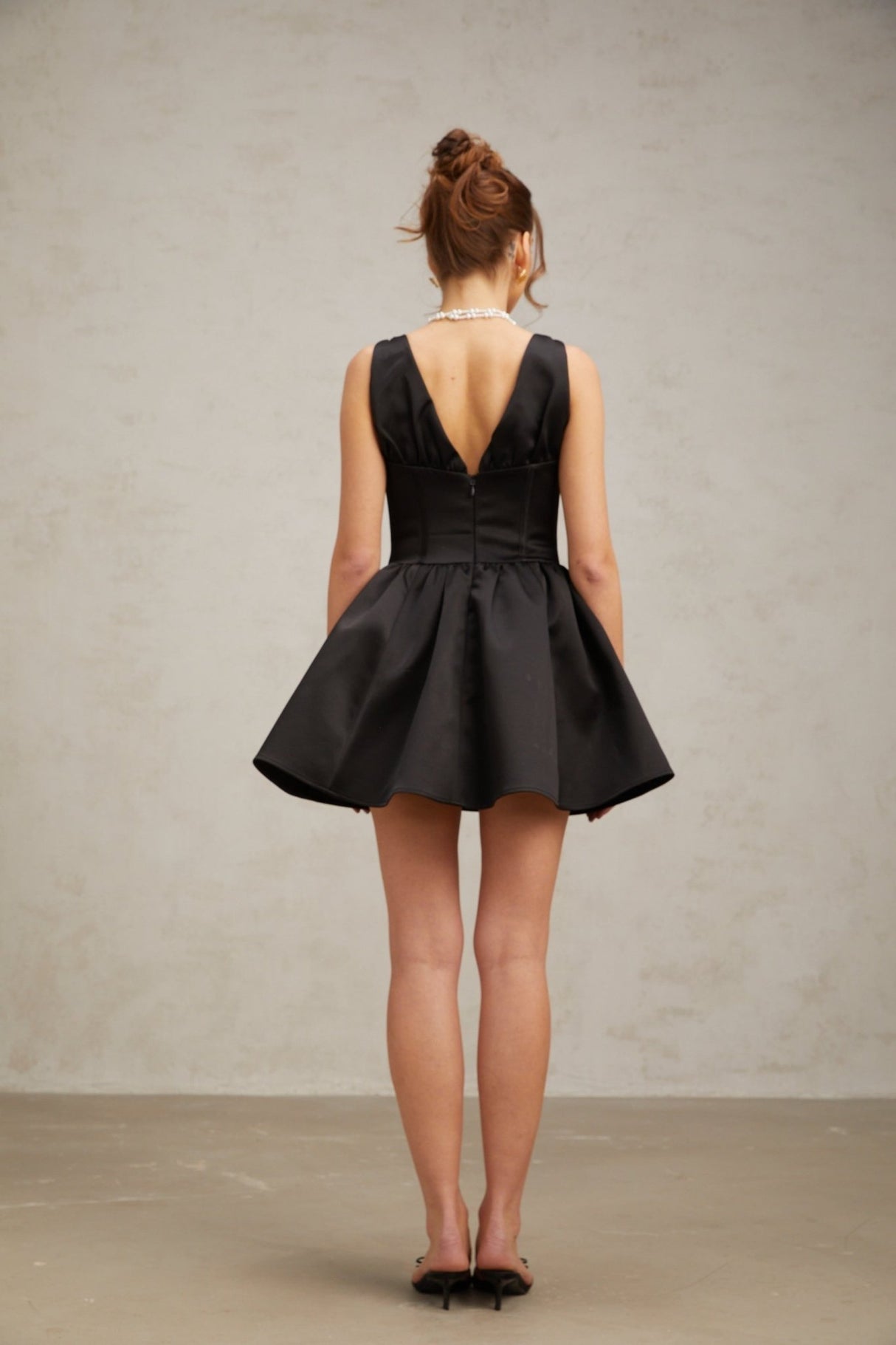 Nicole Mini Dress Black VNeck Bowknot Flared Pleated