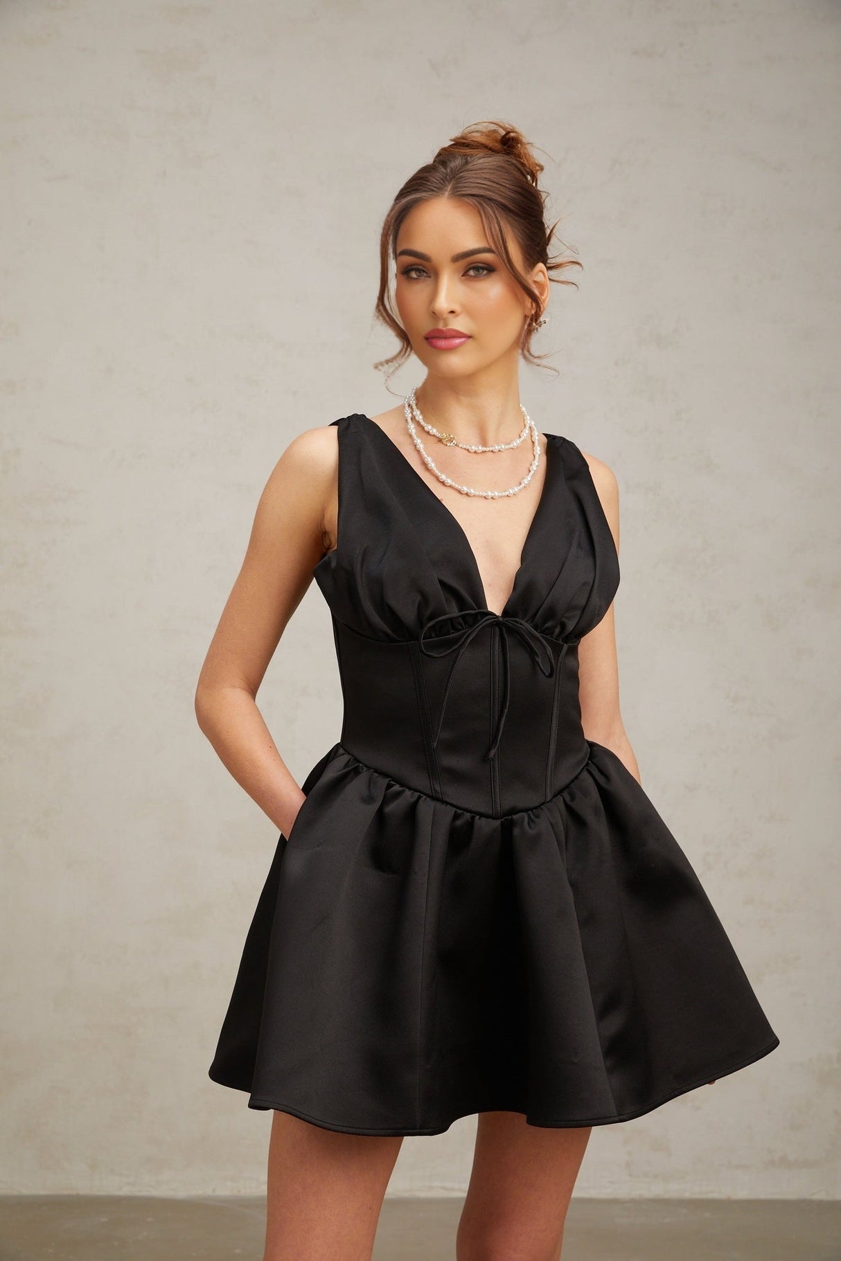 Nicole Mini Dress Black VNeck Bowknot Flared Pleated