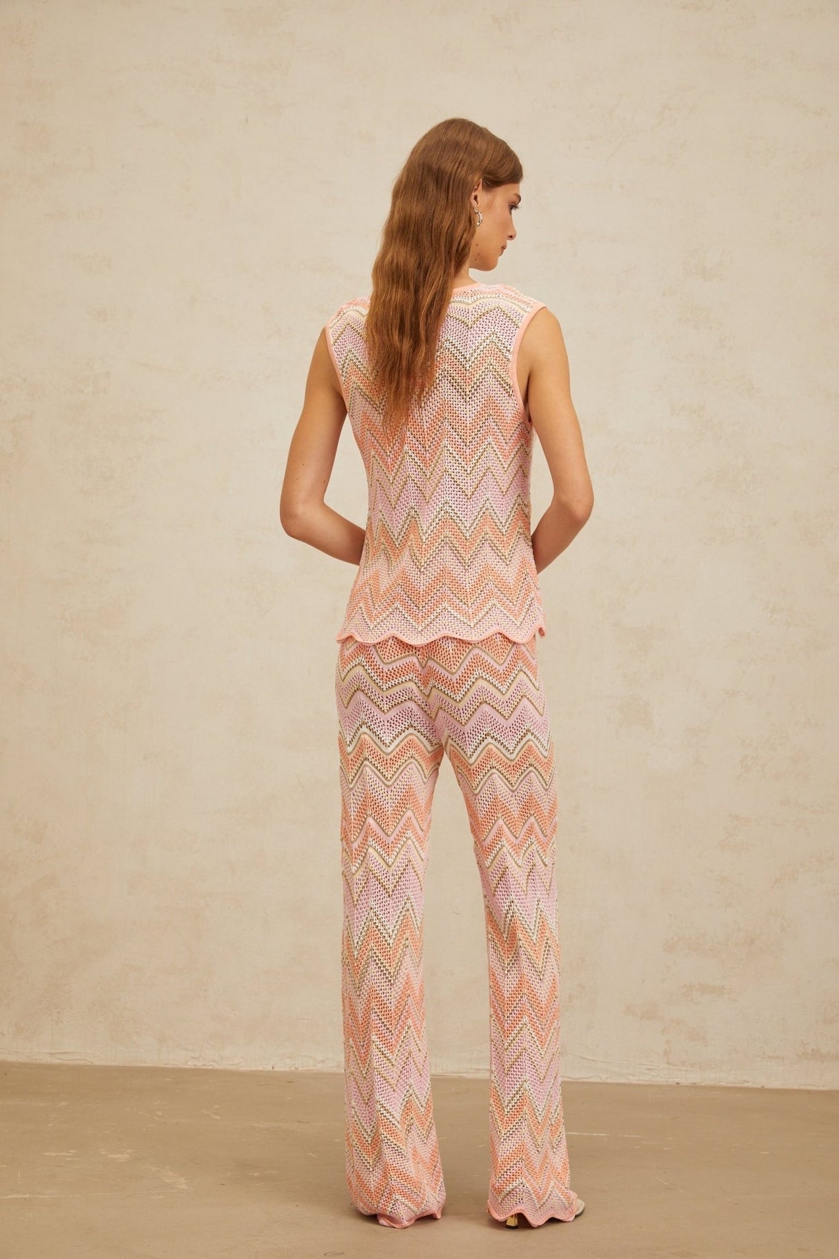 Nicole Top & Trousers Set - Round Neck - Sleeveless - Metallic Threading - Scallop Hem - High Rise