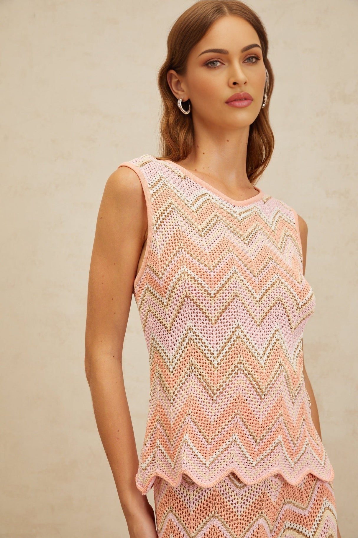 Nicole Top & Trousers Set - Round Neck - Sleeveless - Metallic Threading - Scallop Hem - High Rise