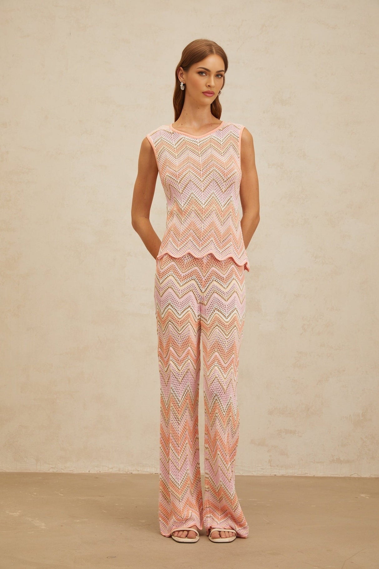 Nicole Top & Trousers Set - Round Neck - Sleeveless - Metallic Threading - Scallop Hem - High Rise