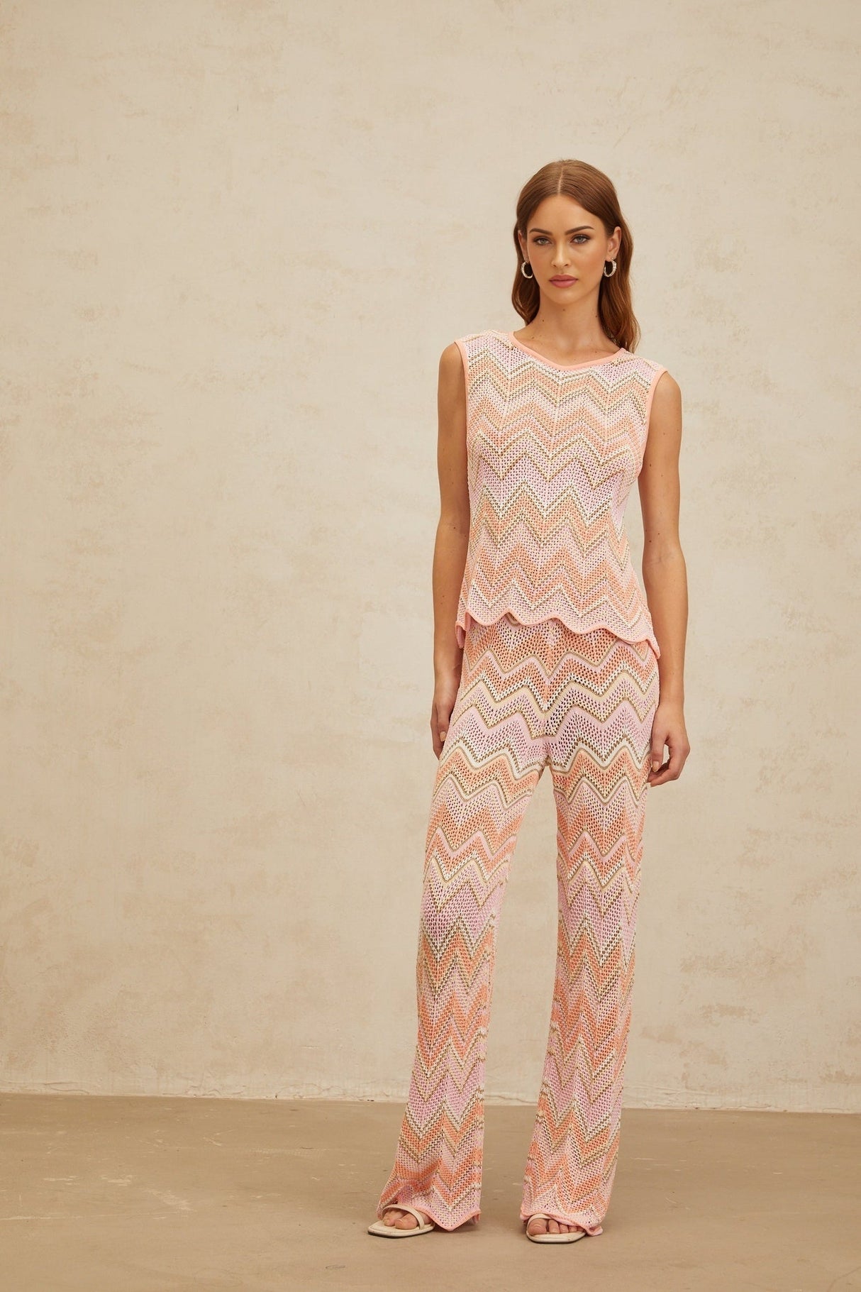 Nicole Top & Trousers Set - Round Neck - Sleeveless - Metallic Threading - Scallop Hem - High Rise