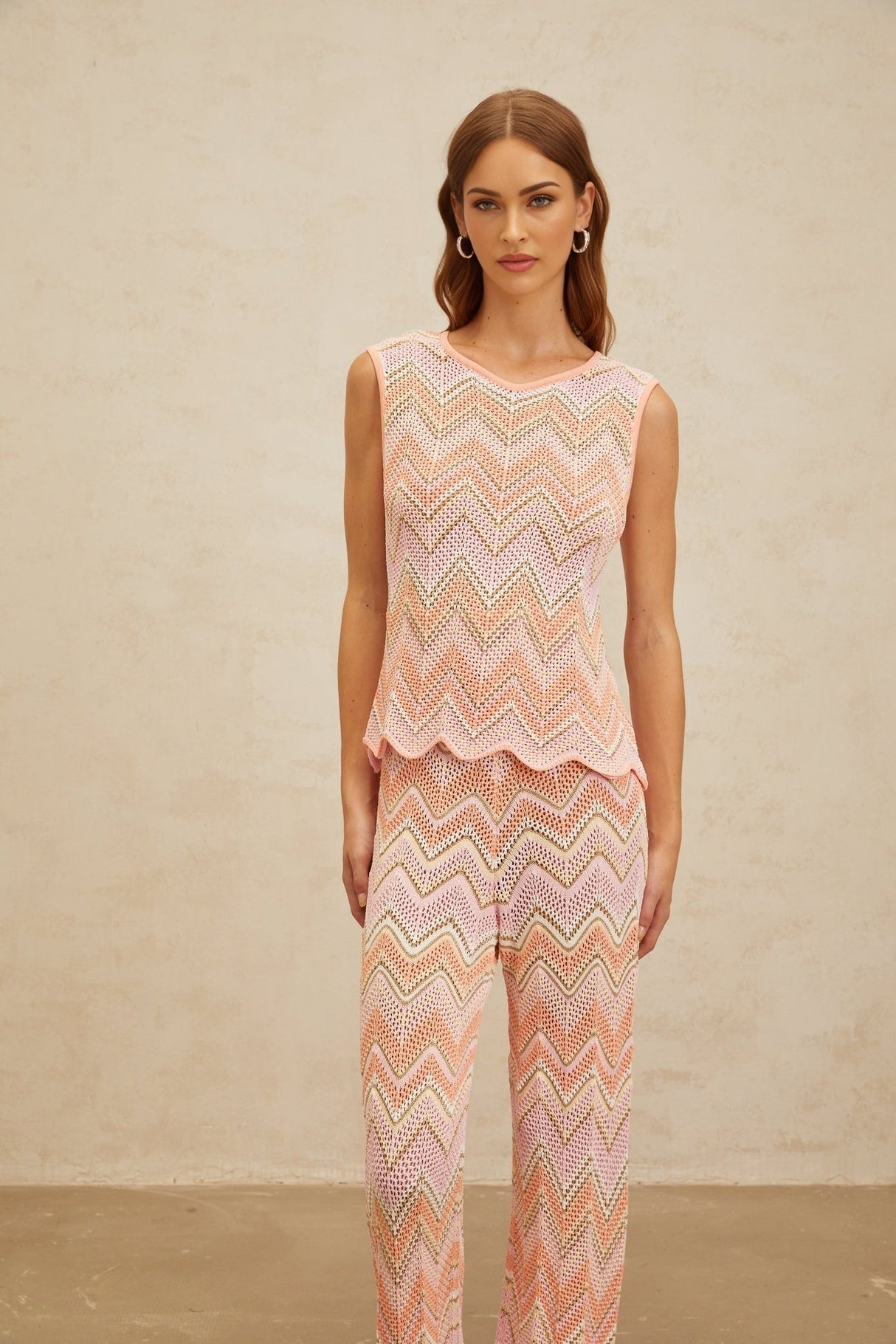 Nicole Top & Trousers Set - Round Neck - Sleeveless - Metallic Threading - Scallop Hem - High Rise