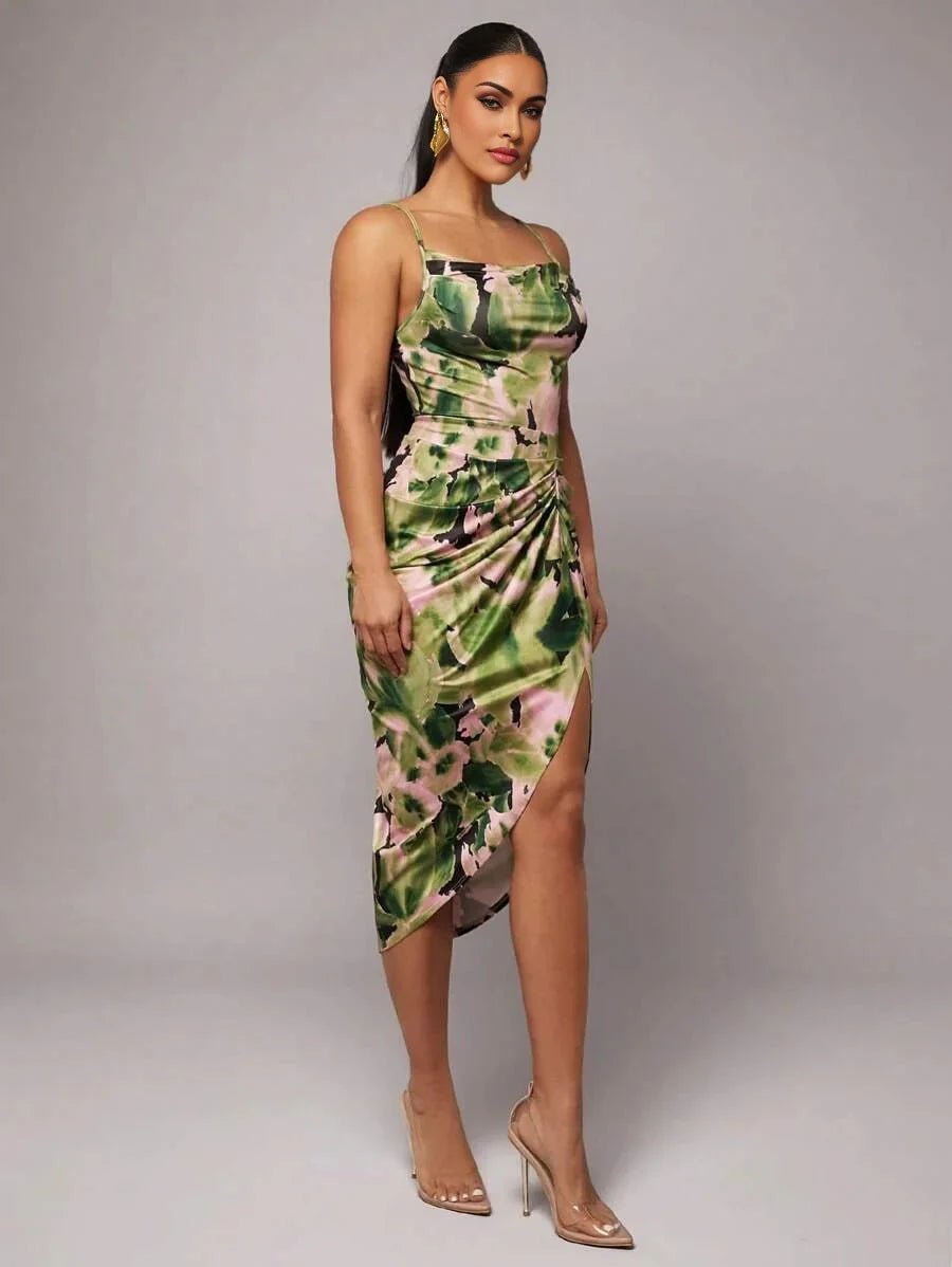 Ninetta Midi Dress - Spaghetti Strap - High Waist - Backless - Ruched - Boho Style