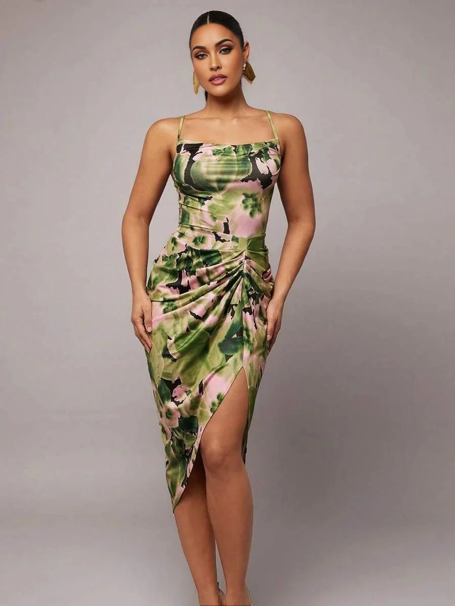 Ninetta Midi Dress - Spaghetti Strap - High Waist - Backless - Ruched - Boho Style