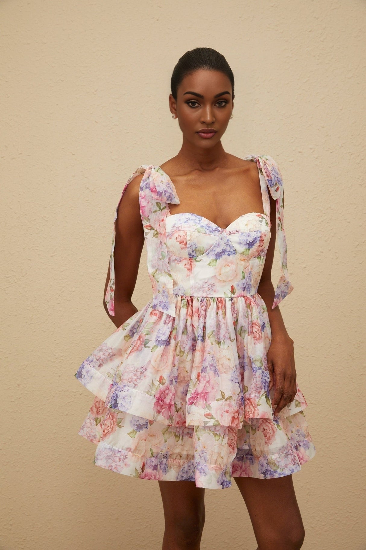 Ninetta Mini Dress - Sweetheart Neckline - Cinched Waist - Floral Print - Layered Design - Lace - Up Fastening