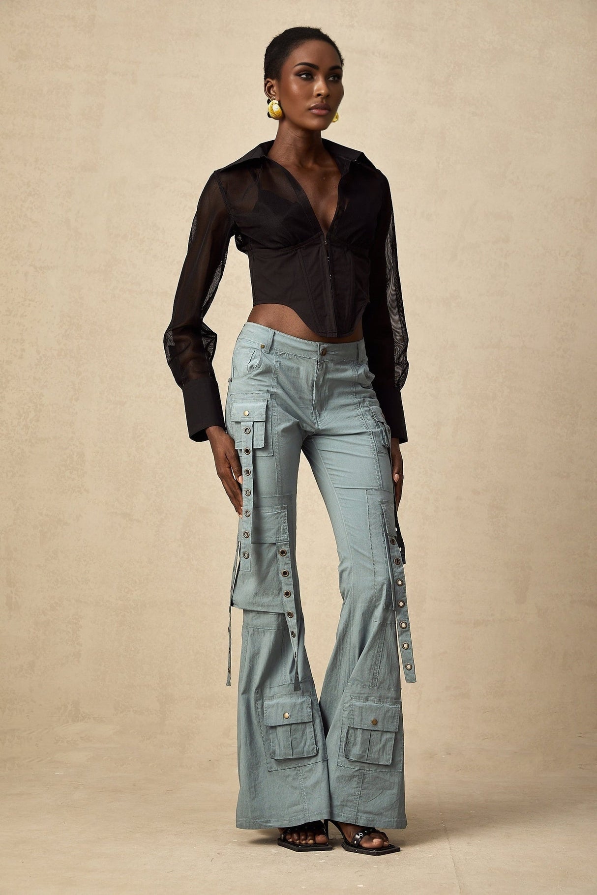 Ninetta Trousers High - Waisted Flared Cargo & Pocket Design