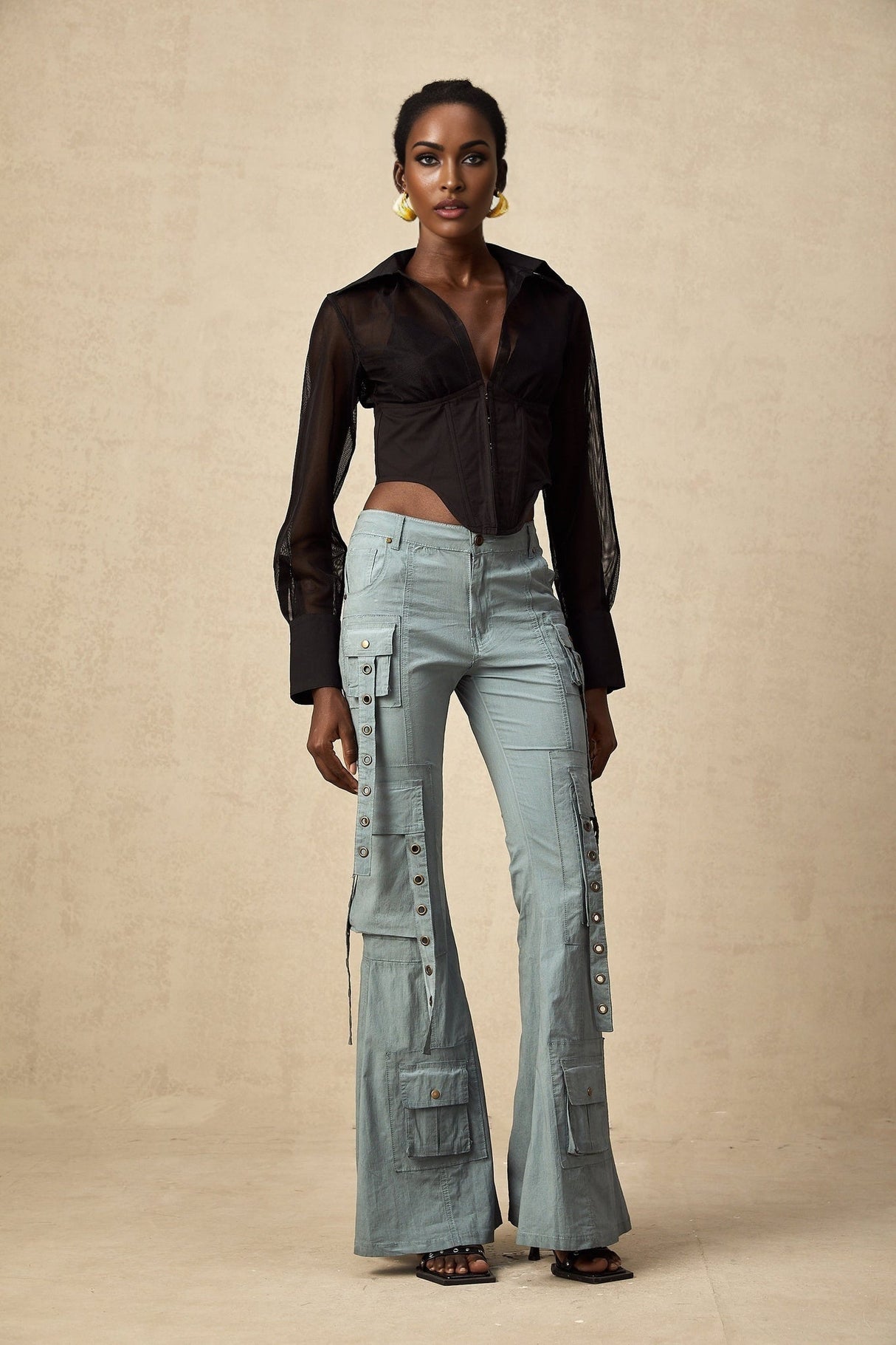 Ninetta Trousers High - Waisted Flared Cargo & Pocket Design