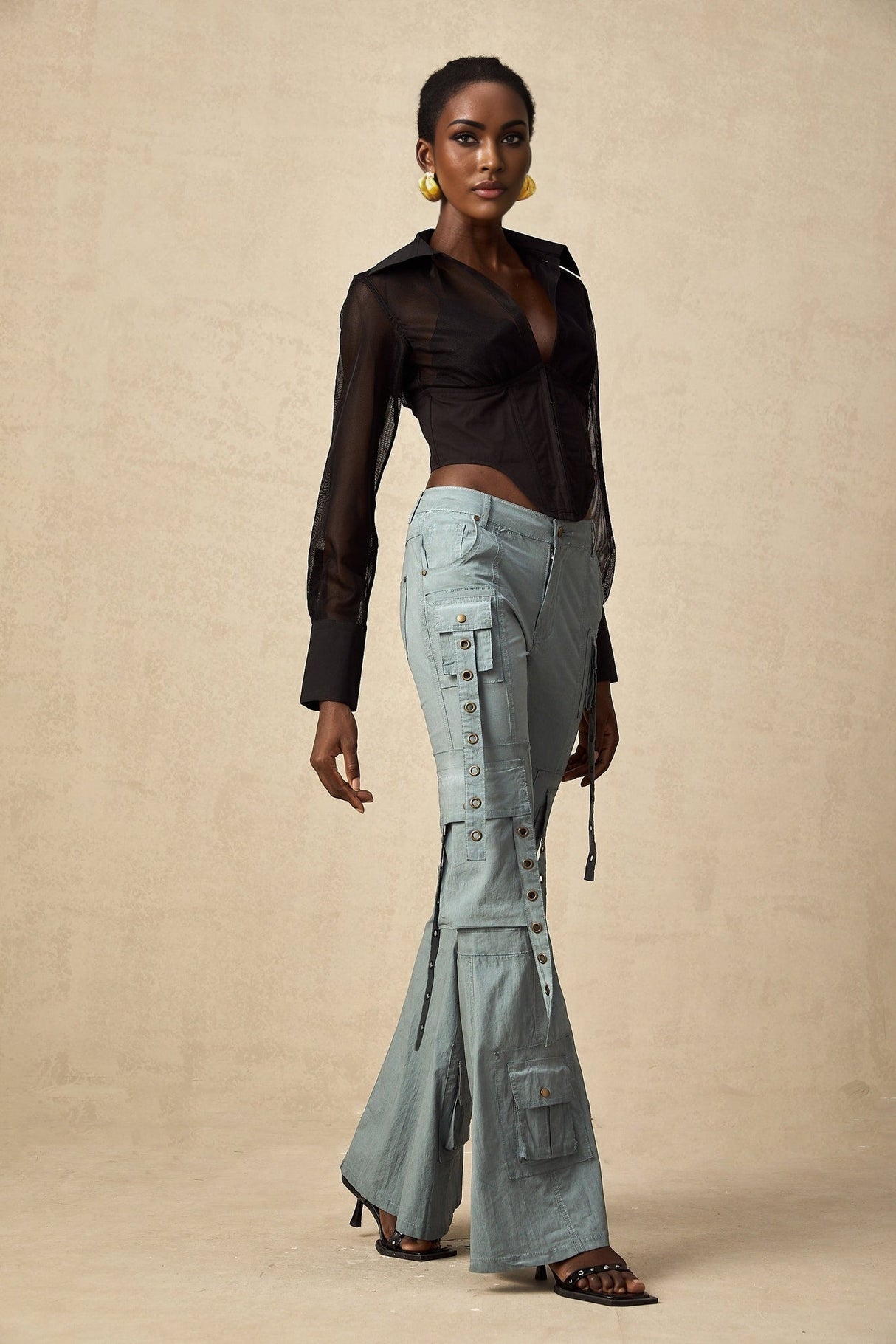 Ninetta Trousers High - Waisted Flared Cargo & Pocket Design