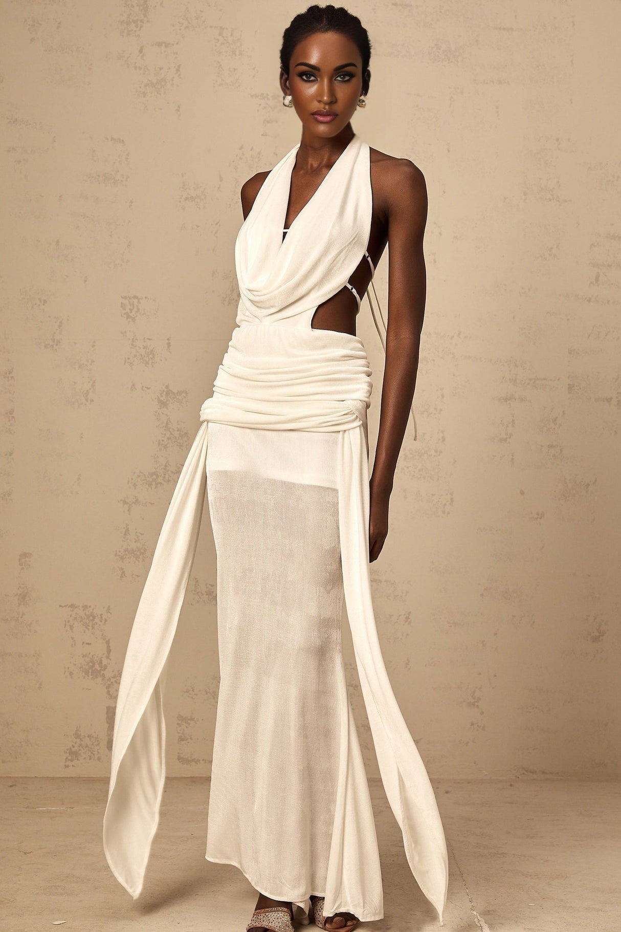 Ninfa Maxi Dress in Pure White with Halterneck & Backless Design