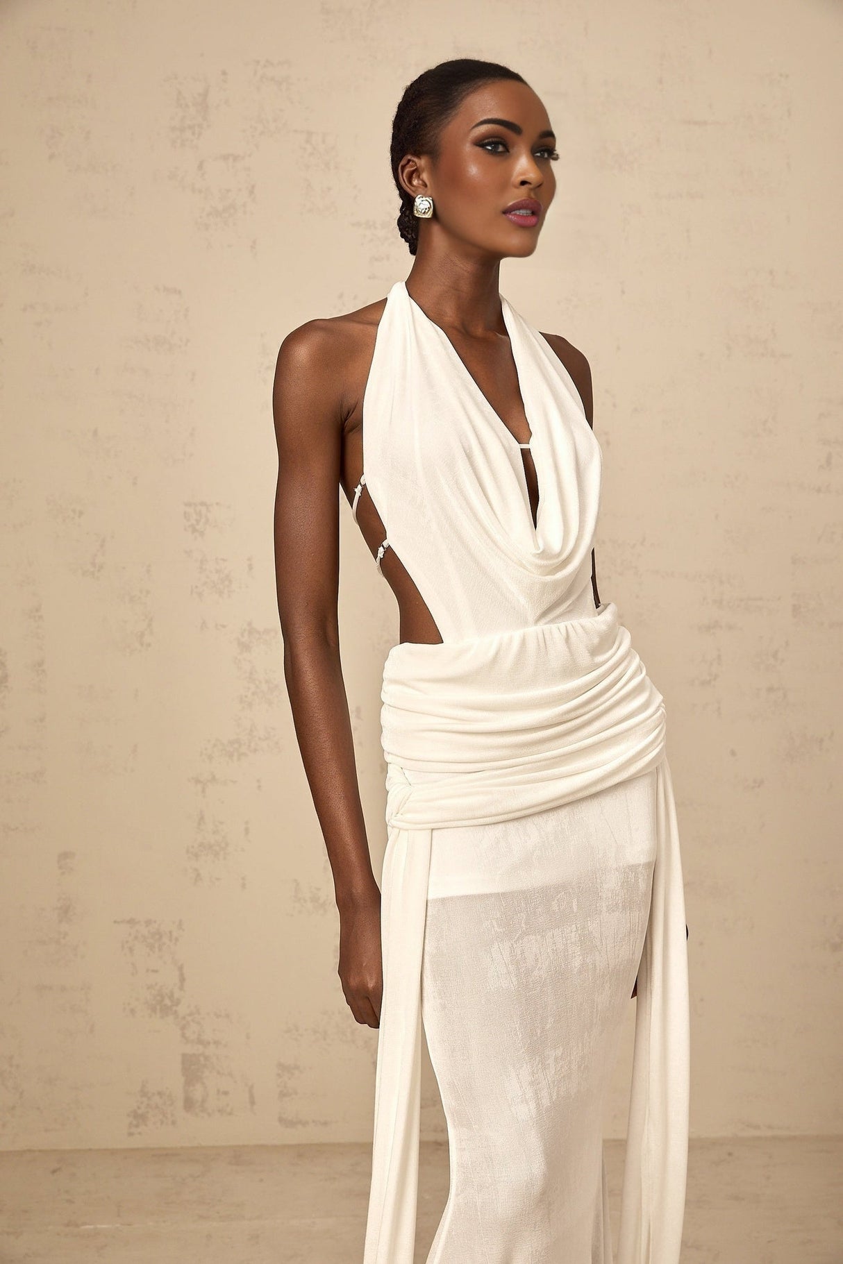 Ninfa Maxi Dress in Pure White with Halterneck & Backless Design