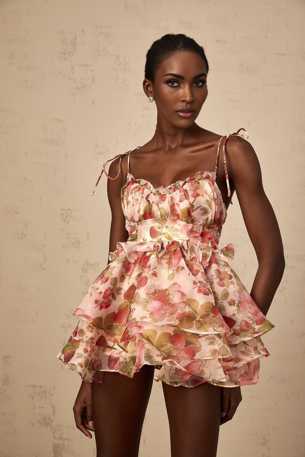 Ninfa Mini Dress Strawberry Flounce Lace Up Bustier Pink Multicolor