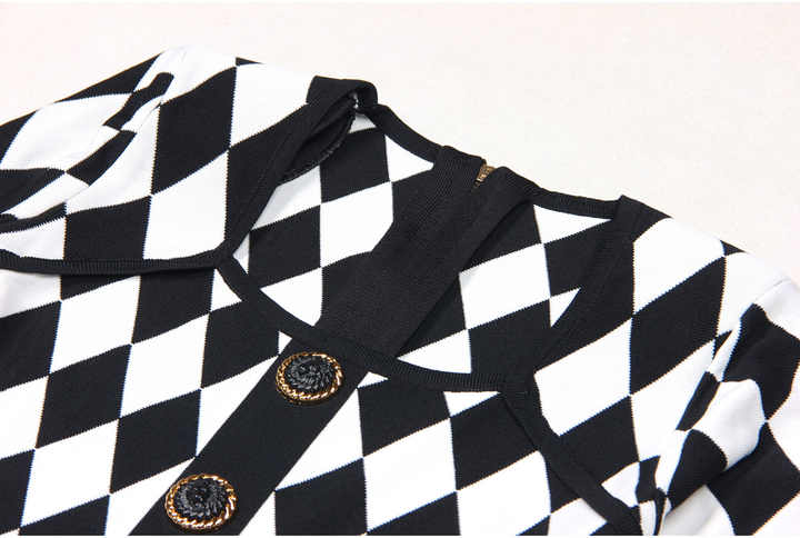 Nives Dress - Form - Fitting Silhouette - Geometric Harlequin Pattern - Stretchy Knit Fabric - Gold Decorative Buttons