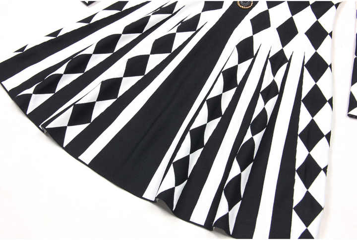 Nives Dress - Form - Fitting Silhouette - Geometric Harlequin Pattern - Stretchy Knit Fabric - Gold Decorative Buttons