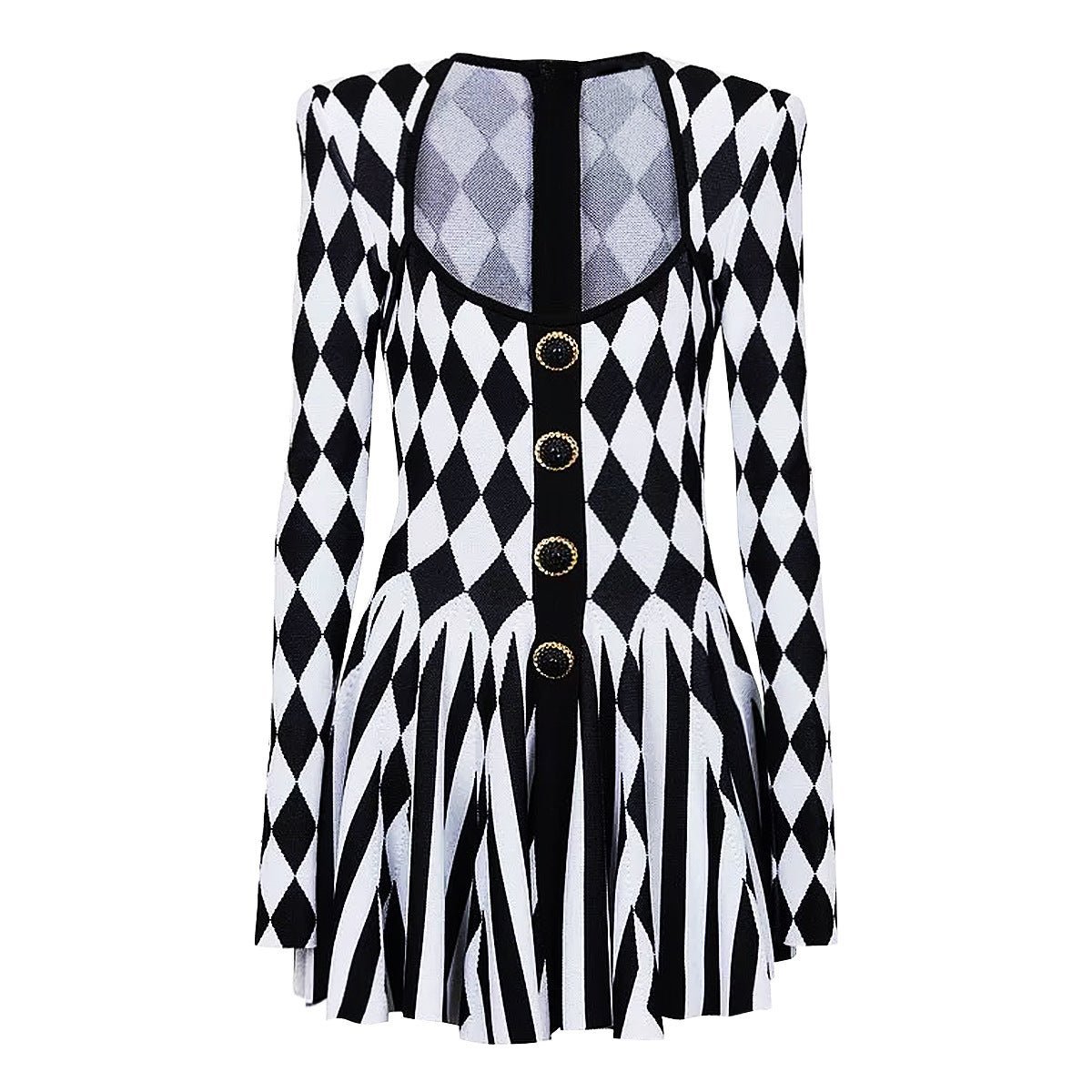 Nives Dress - Form - Fitting Silhouette - Geometric Harlequin Pattern - Stretchy Knit Fabric - Gold Decorative Buttons