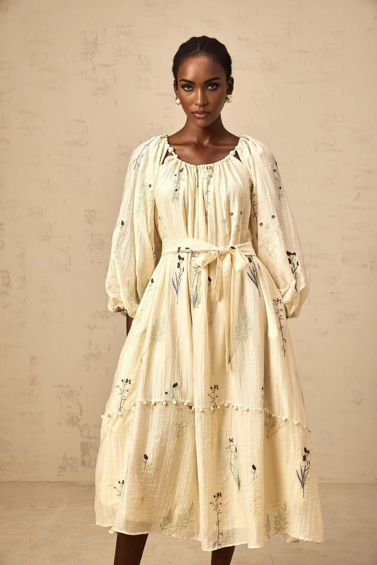 Nives Midi Dress Beige Flower Embroidered & Beaded Calf - Length